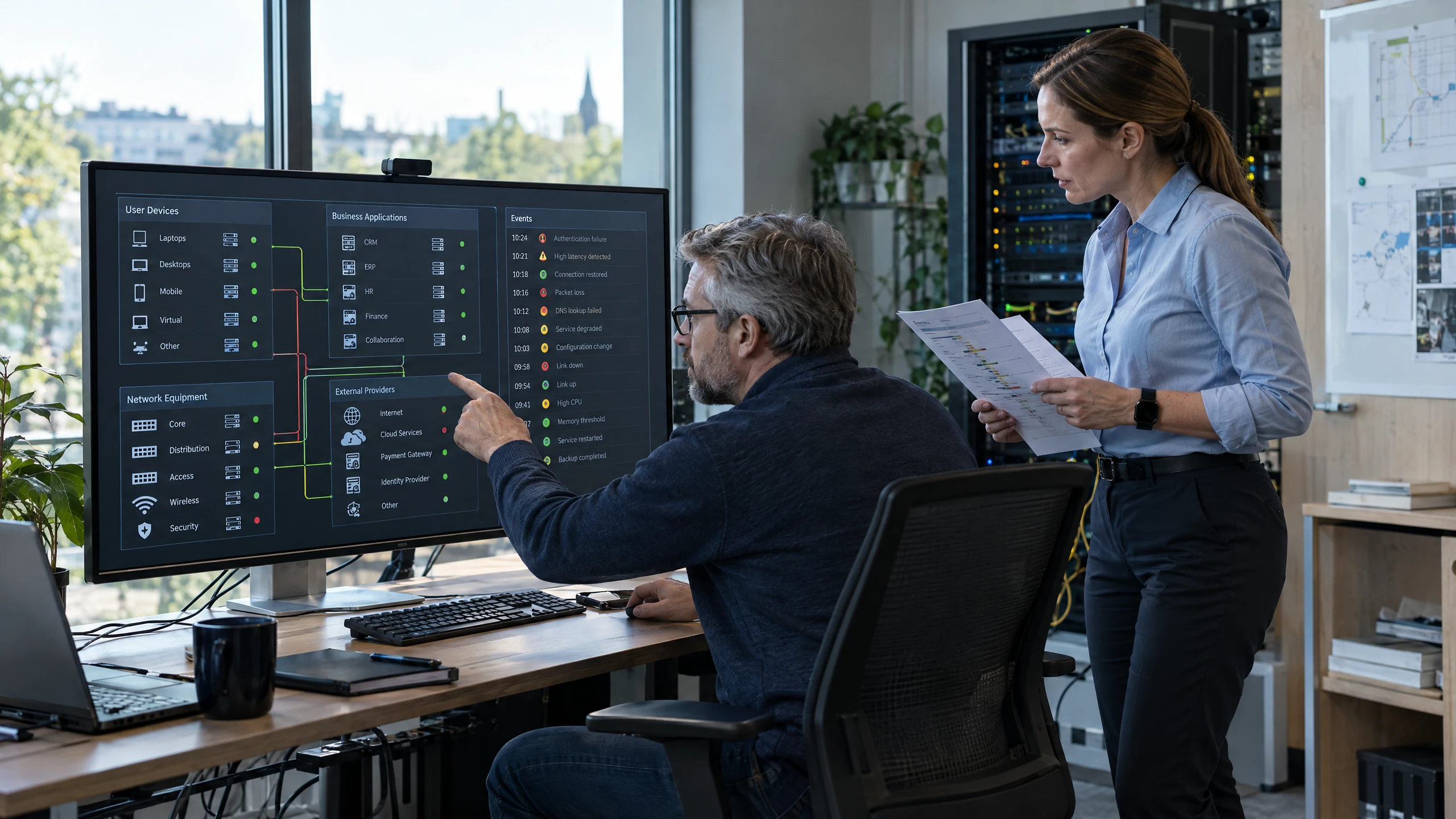 Support specialist and operations lead reviewing dependencies across devices, applications, network equipment and providers (illustrative)