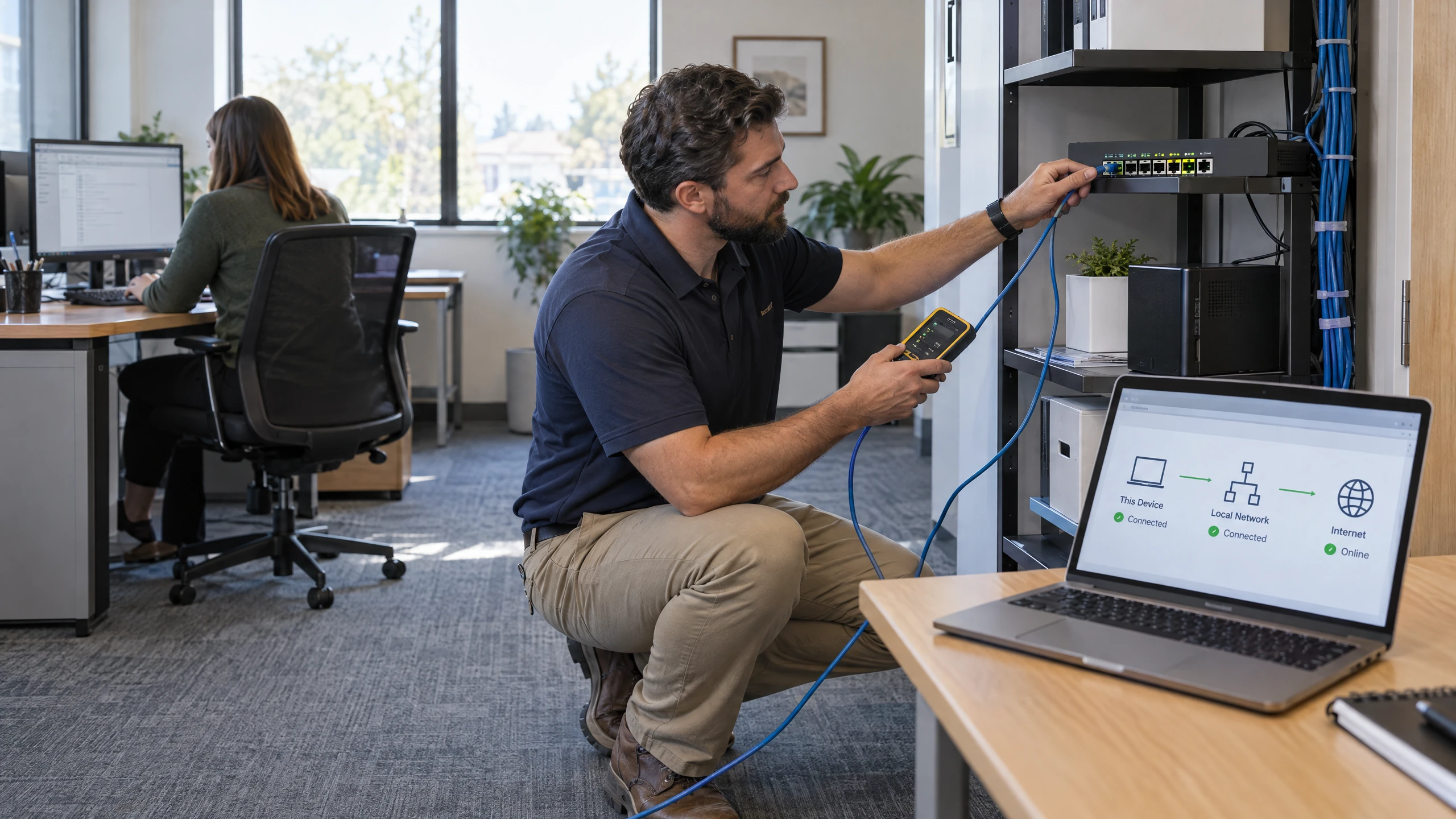 Technician tracing an Ethernet connection from a workstation to a small switch while checking network status (illustrative)