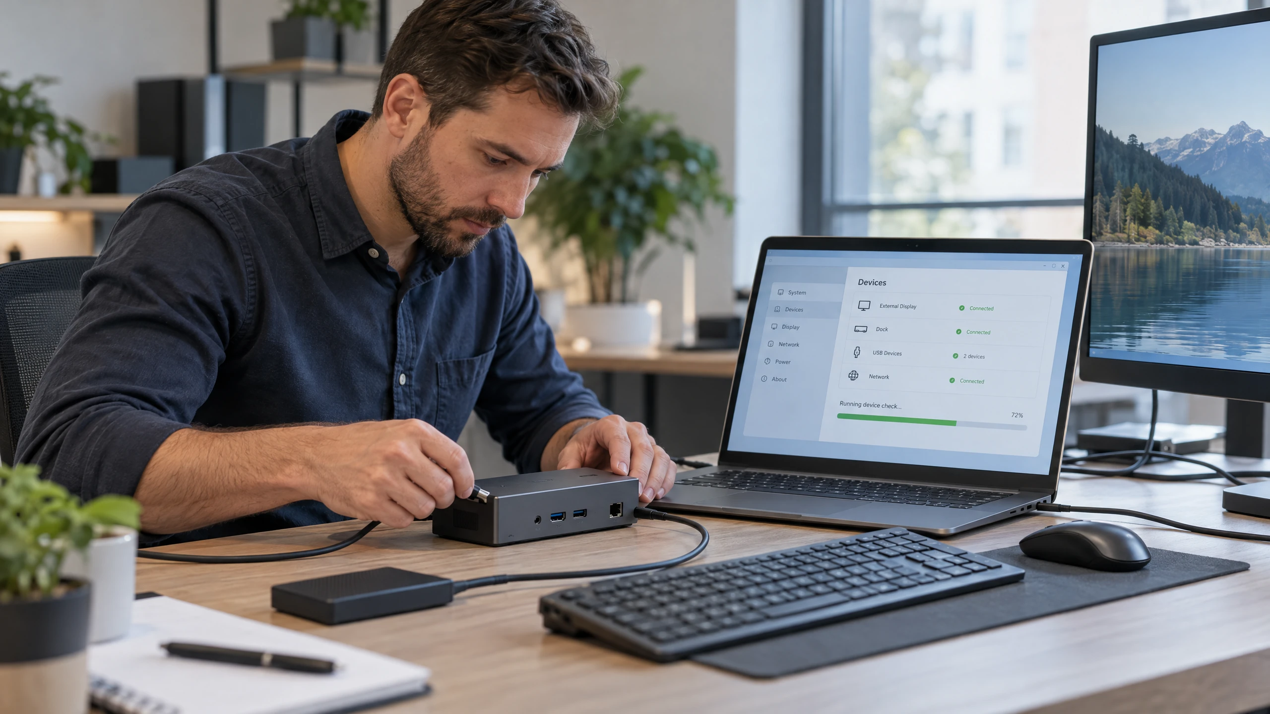 Technician checking a laptop dock, peripheral cable and generic device diagnostic screen (illustrative)