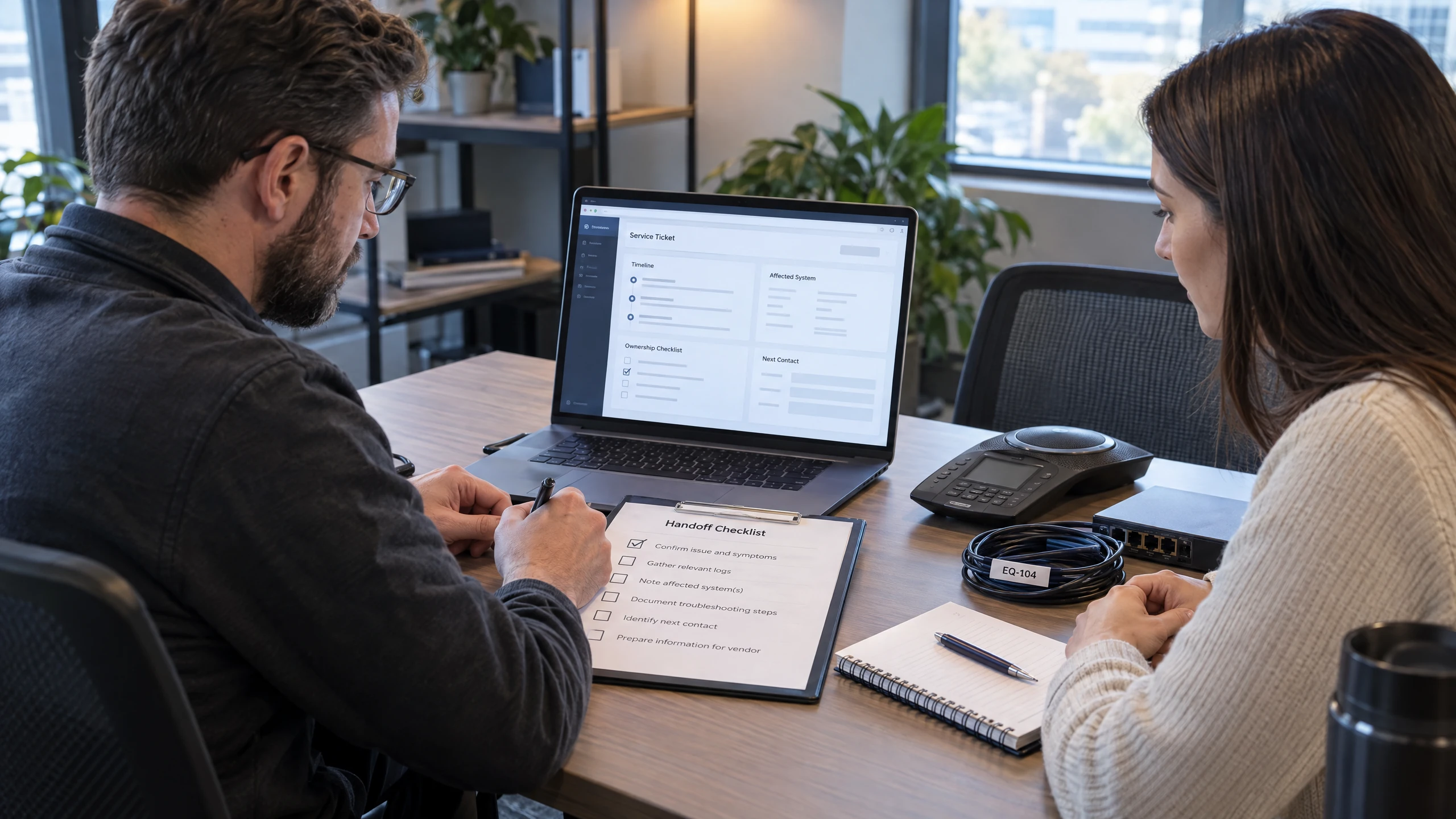 Support professional and customer preparing a technical hand-off checklist for an outside provider (illustrative)