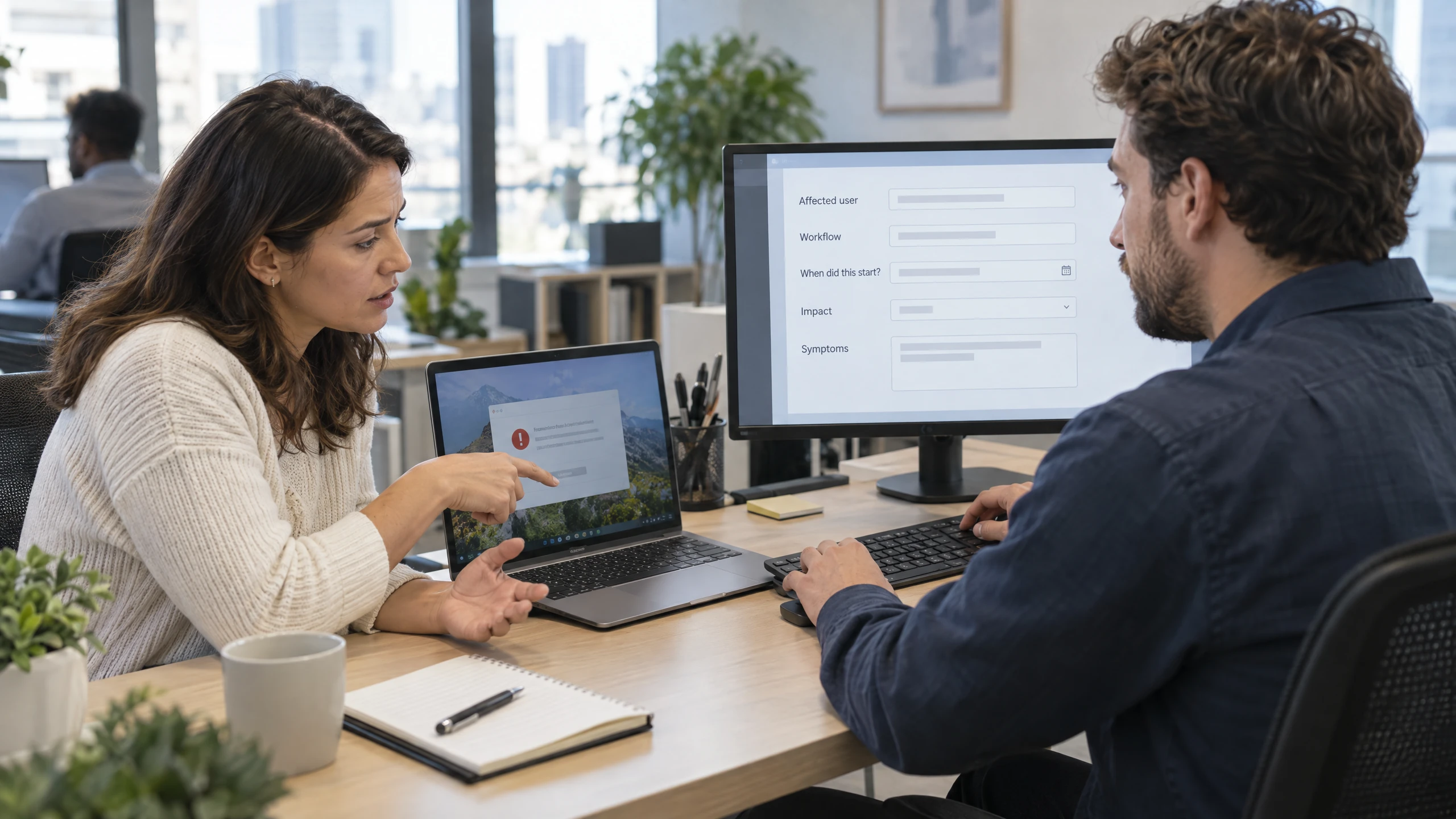 Support technician documenting a worker's laptop symptoms in a structured triage form (illustrative)