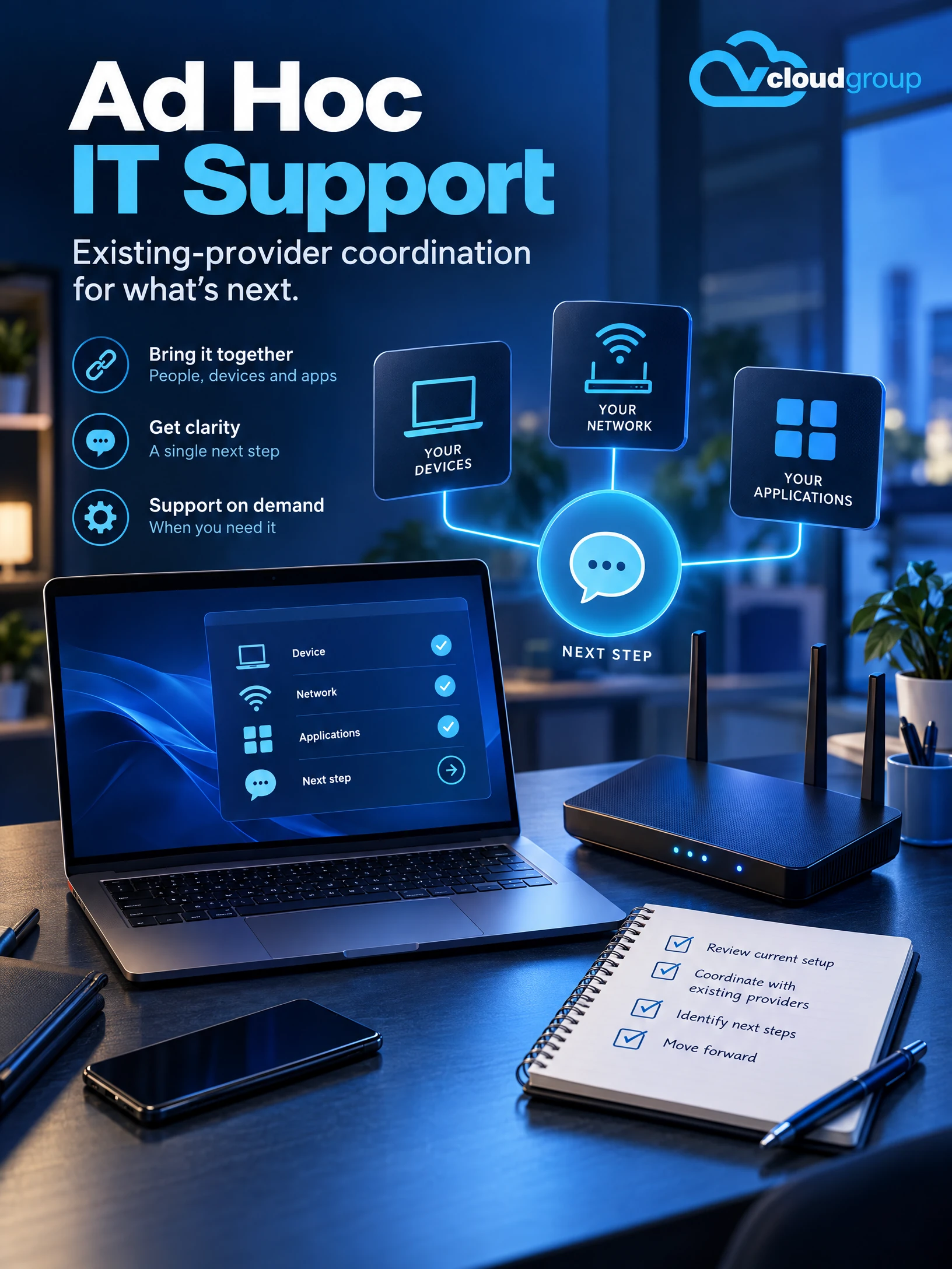 Conceptual portrait illustration of existing provider coordination for Ad Hoc IT Support