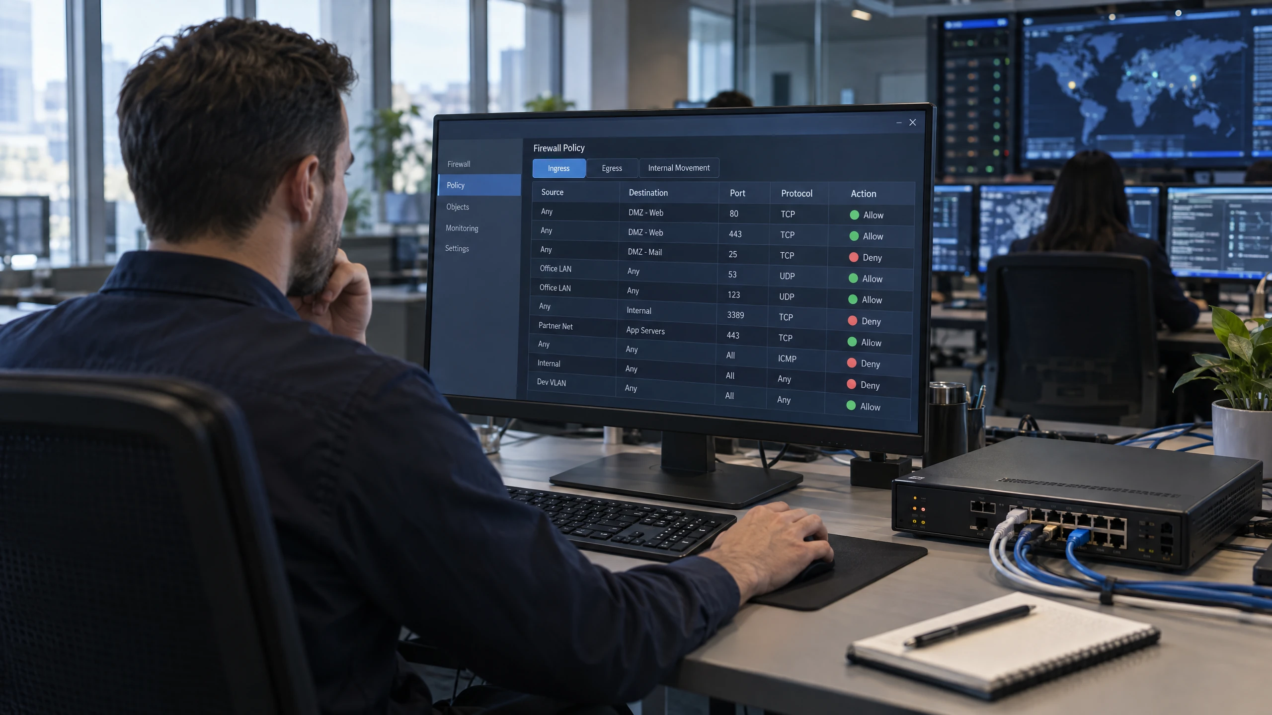 Security analyst reviewing traffic rules beside a firewall appliance and connected network ports (illustrative)