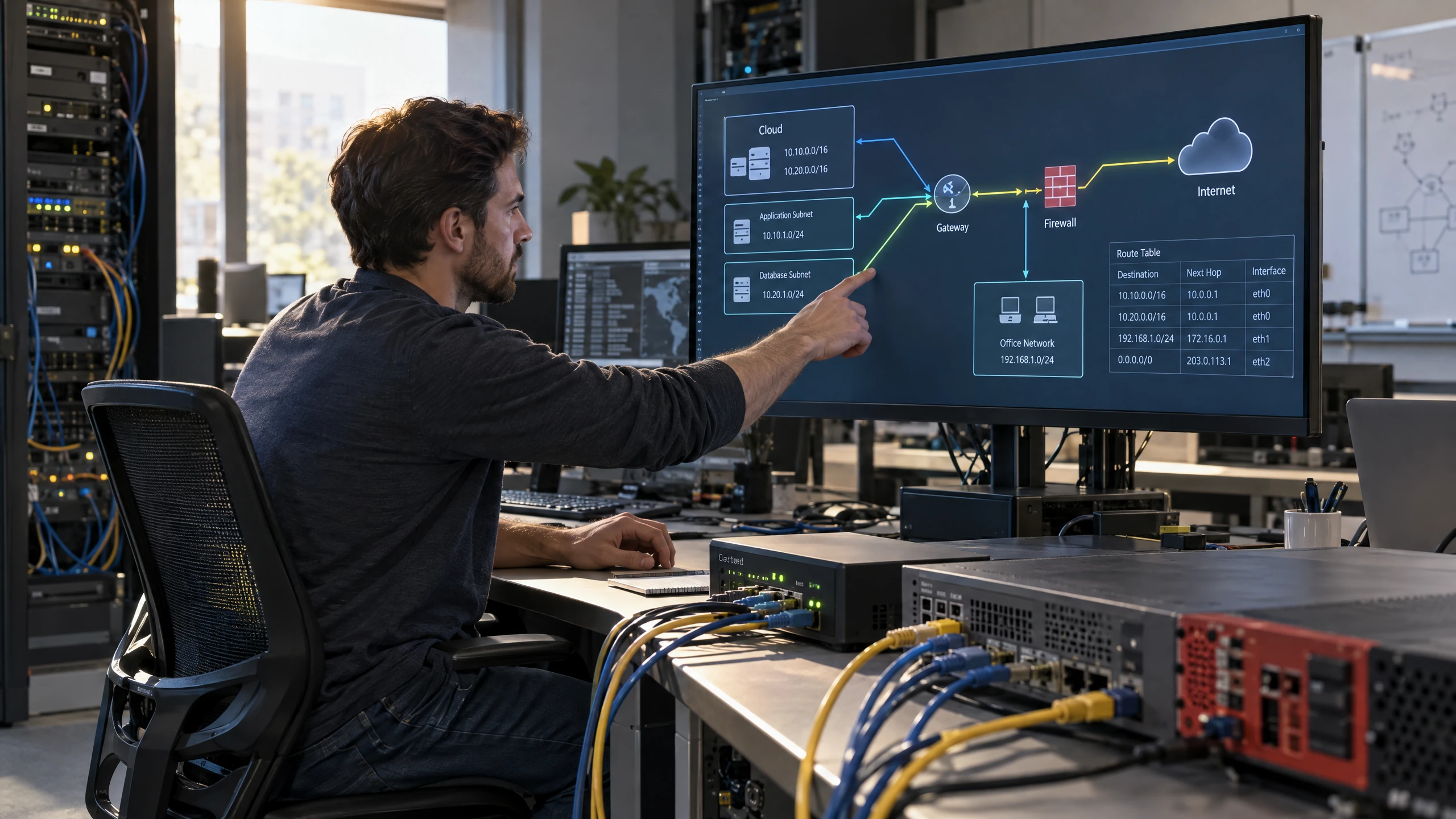 Network engineer tracing cloud, gateway, office, and internet traffic paths on a routing interface (illustrative)