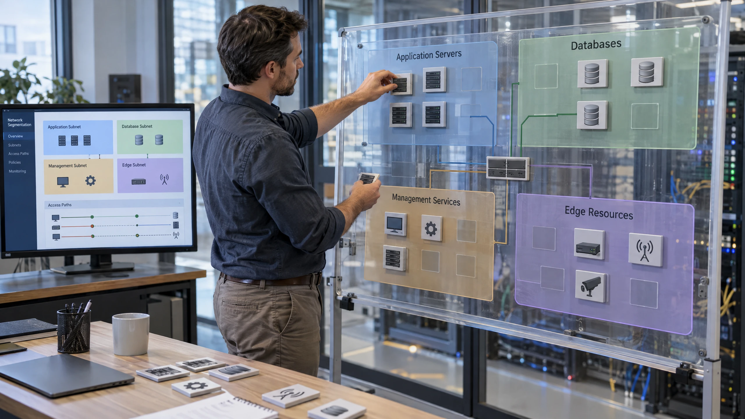 Systems engineer separating workload zones into distinct subnet boundaries on a planning board (illustrative)
