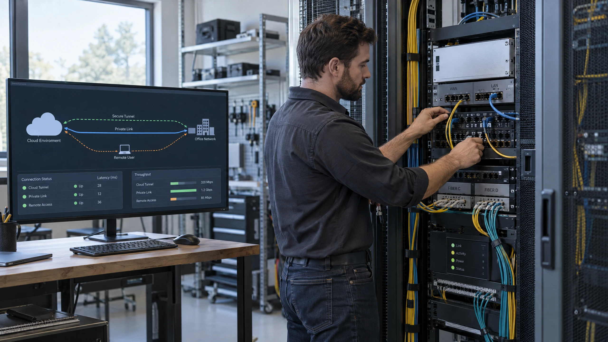 Connectivity specialist checking a gateway and carrier handoff beside a cloud-to-office hybrid topology (illustrative)