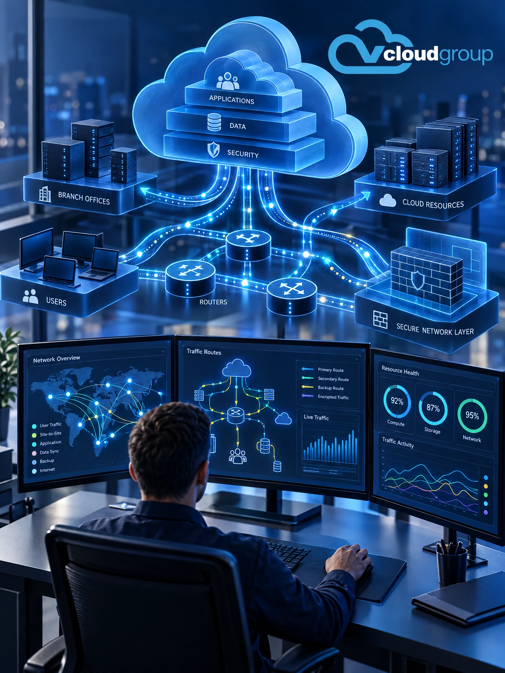 Conceptual portrait illustration of routes and traffic paths for Azure Cloud Network