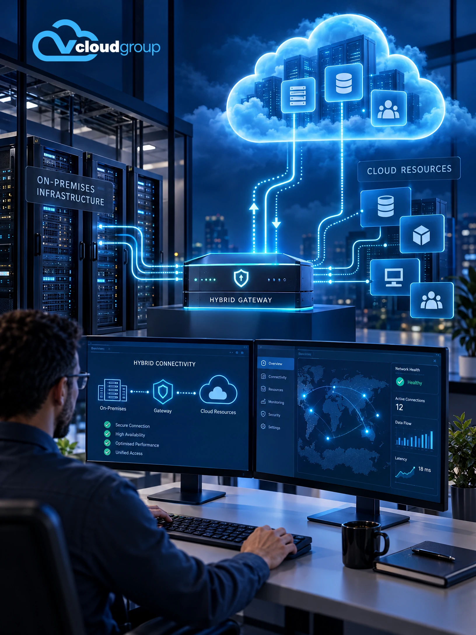 Conceptual portrait illustration of hybrid connectivity options for Azure Cloud Network