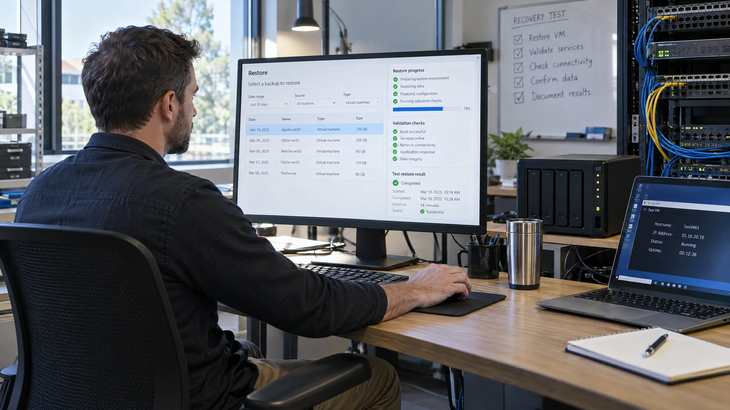 Technician selecting a file and virtual-server image for a controlled restore test with validation and recorded results (illustrative)