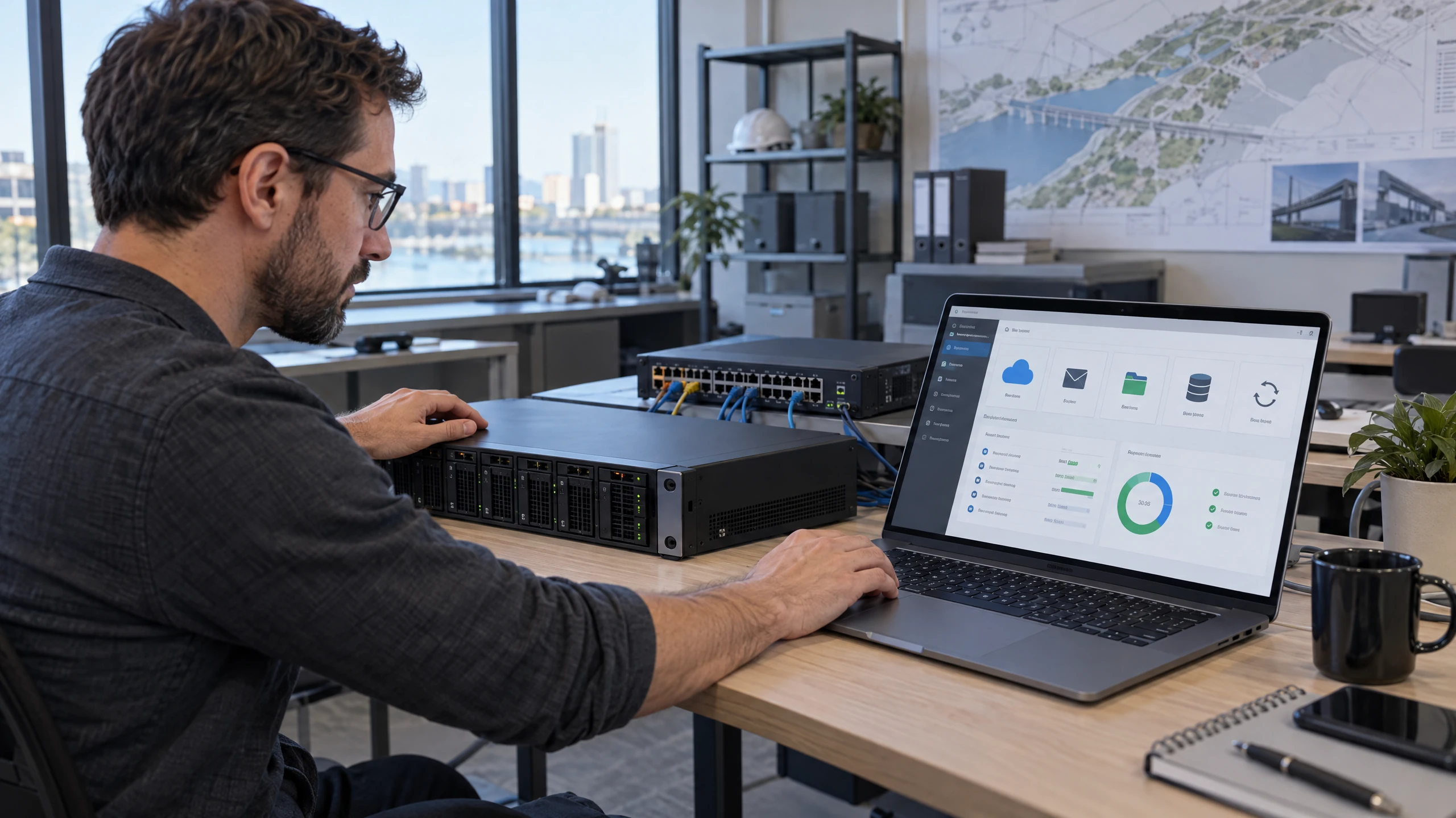 Infrastructure architect connecting local appliance, cloud recovery interface and office network equipment in a hybrid planning workspace (illustrative)