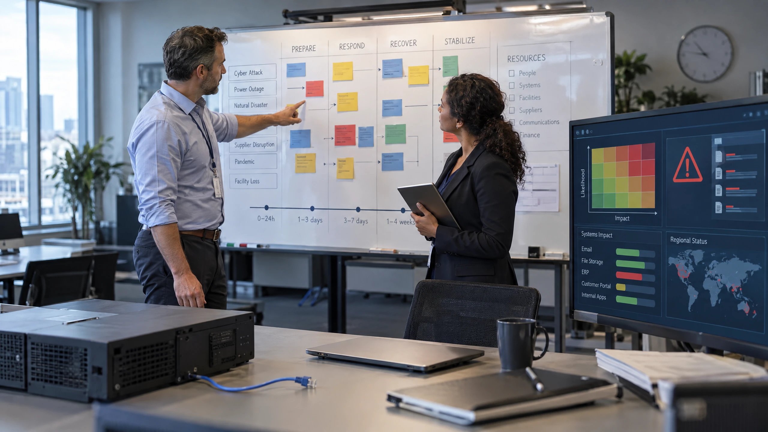 Continuity specialist and operations lead reviewing visible interruption scenarios on a business impact board and risk interface (illustrative)