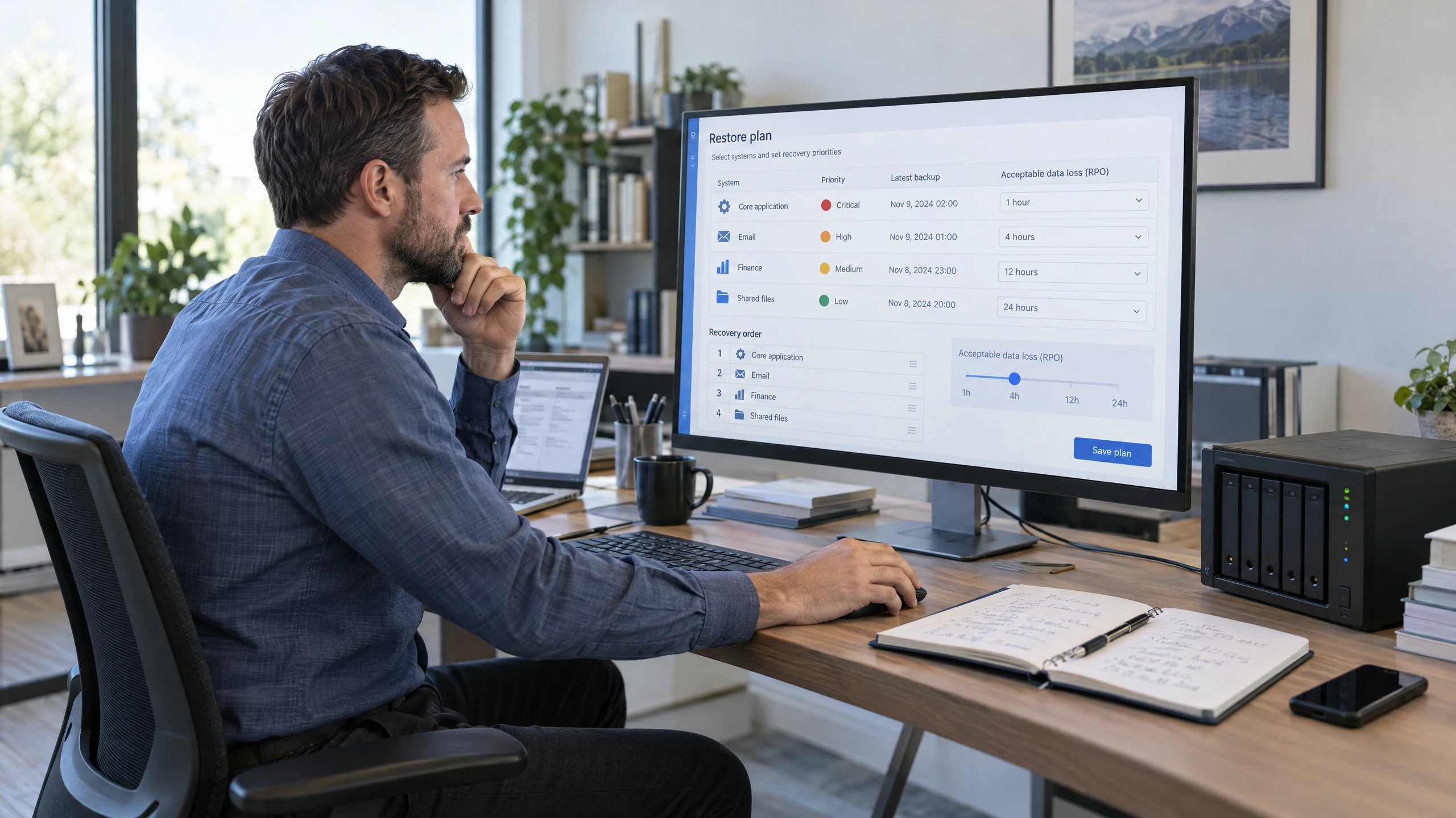 Infrastructure planner choosing recovery order and acceptable data-loss intervals in a generic backup planning interface (illustrative)