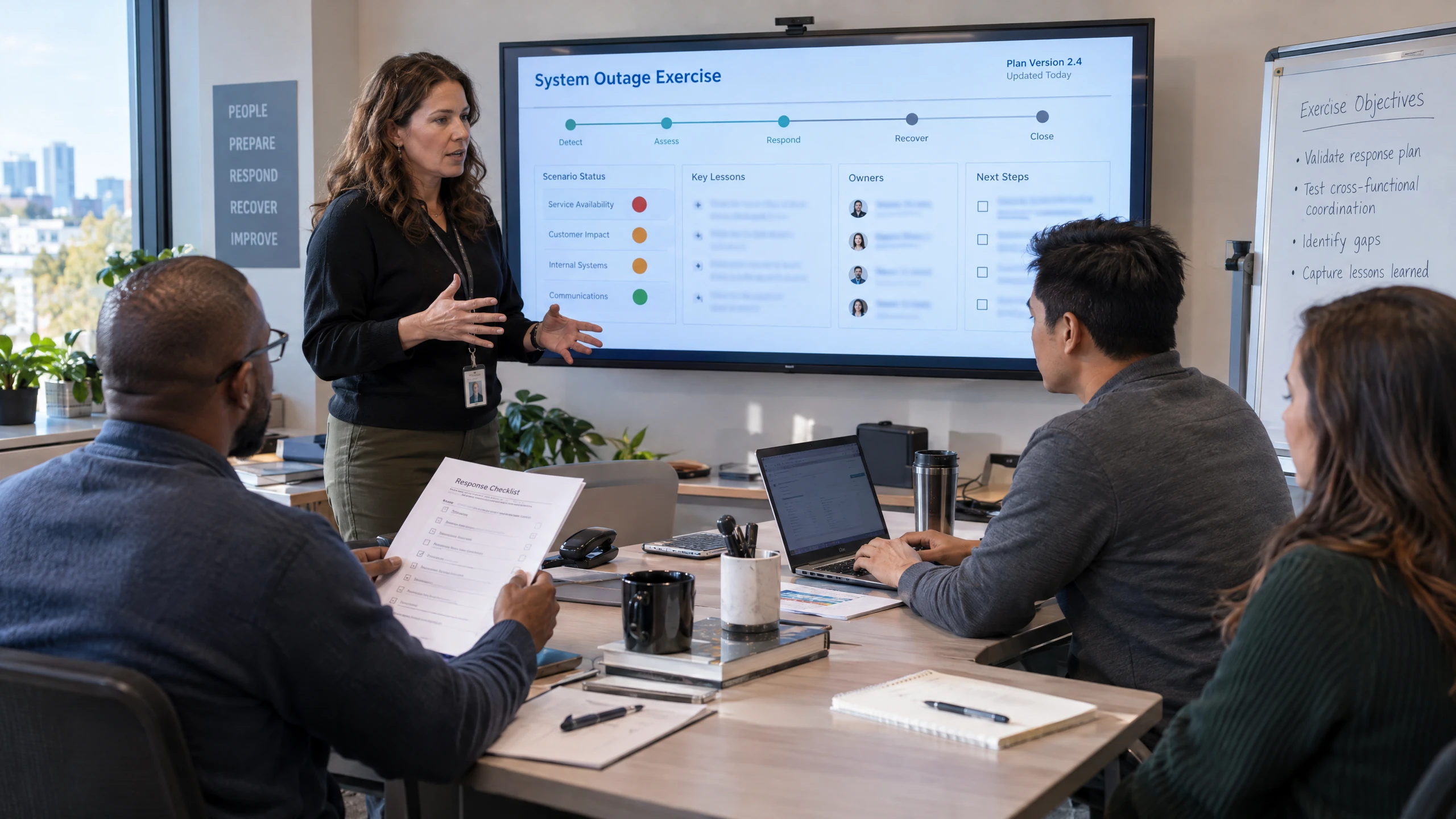 Facilitator guiding staff through a simulated outage while participants execute a checklist and record continuity-plan updates (illustrative)