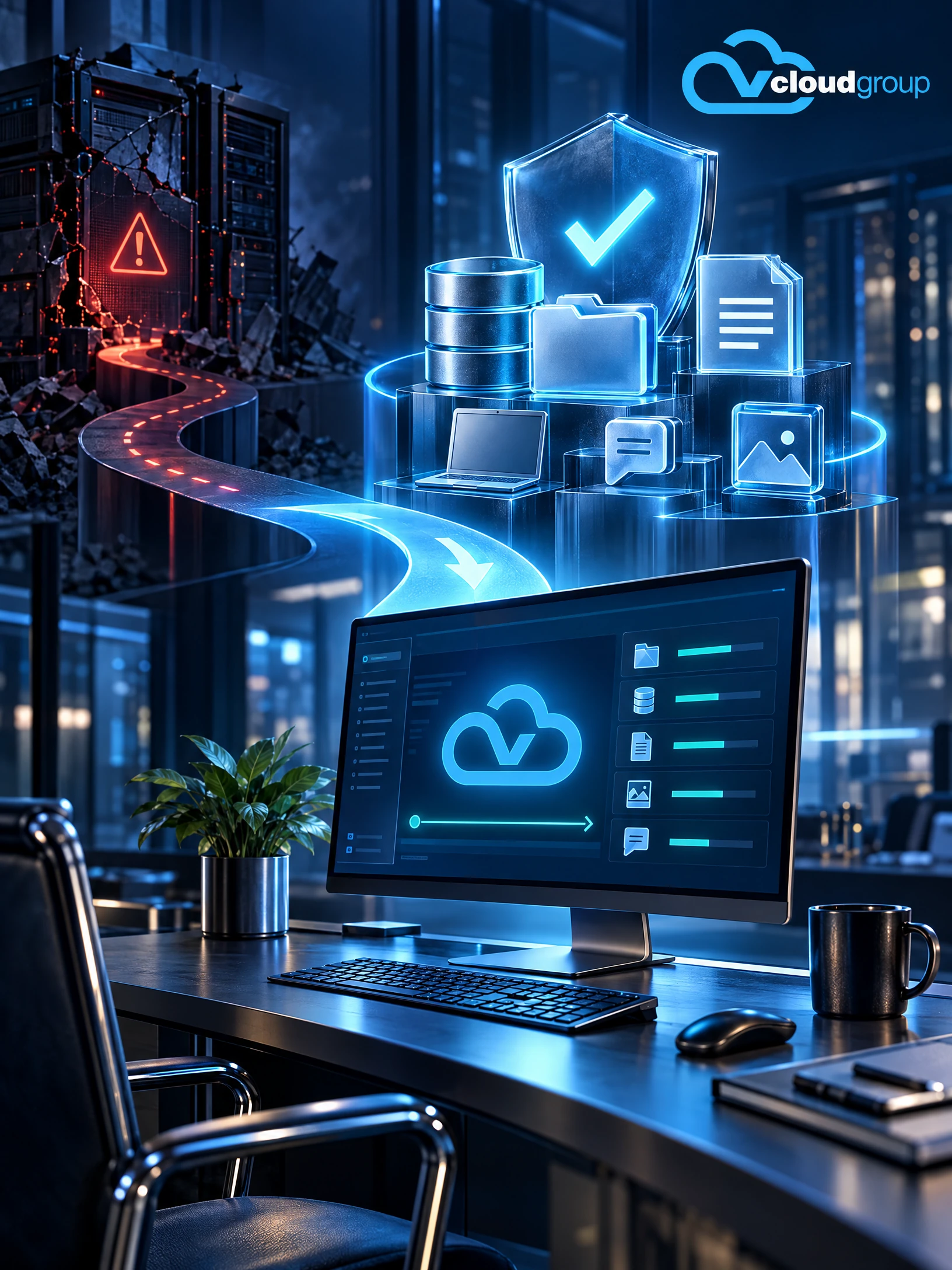 Conceptual portrait illustration of interruption scenario review for Backup & Business Continuity