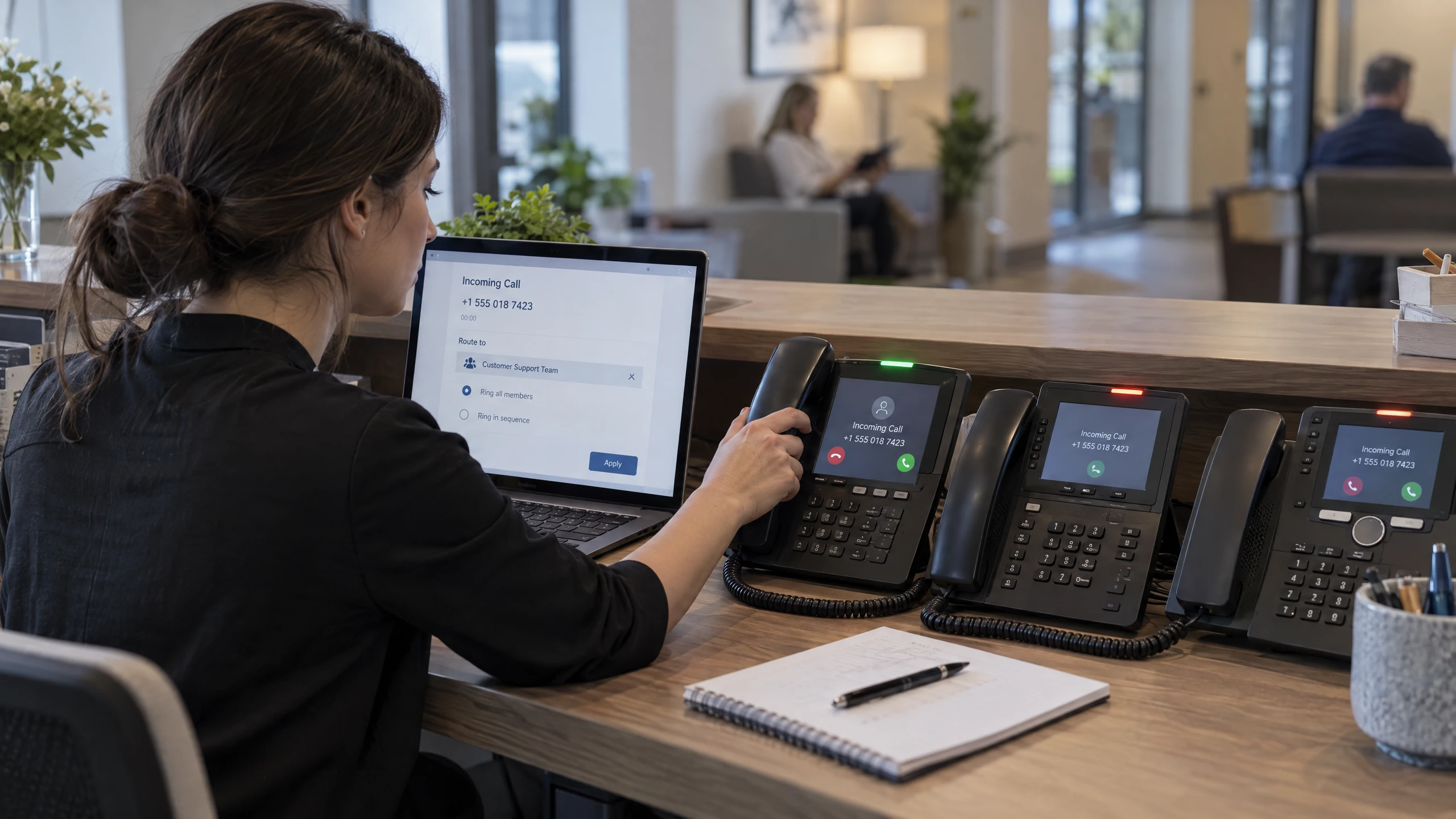 Several desk phones receiving the same inbound call while a coordinator reviews a generic ring-group rule (illustrative)