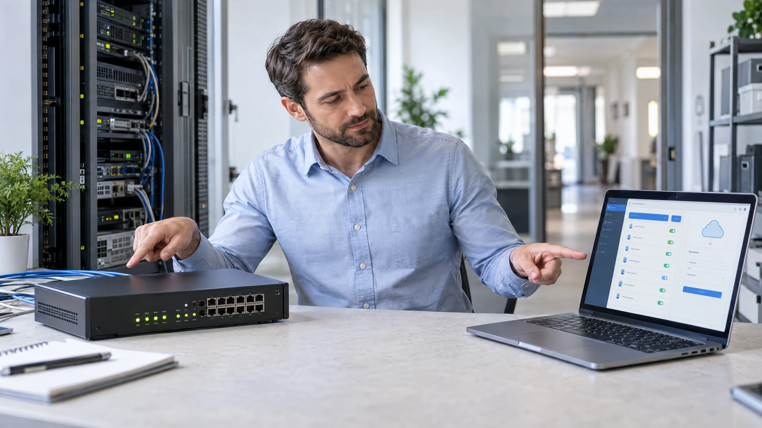 Telecom specialist comparing a physical PBX appliance with a generic cloud phone-system interface (illustrative)