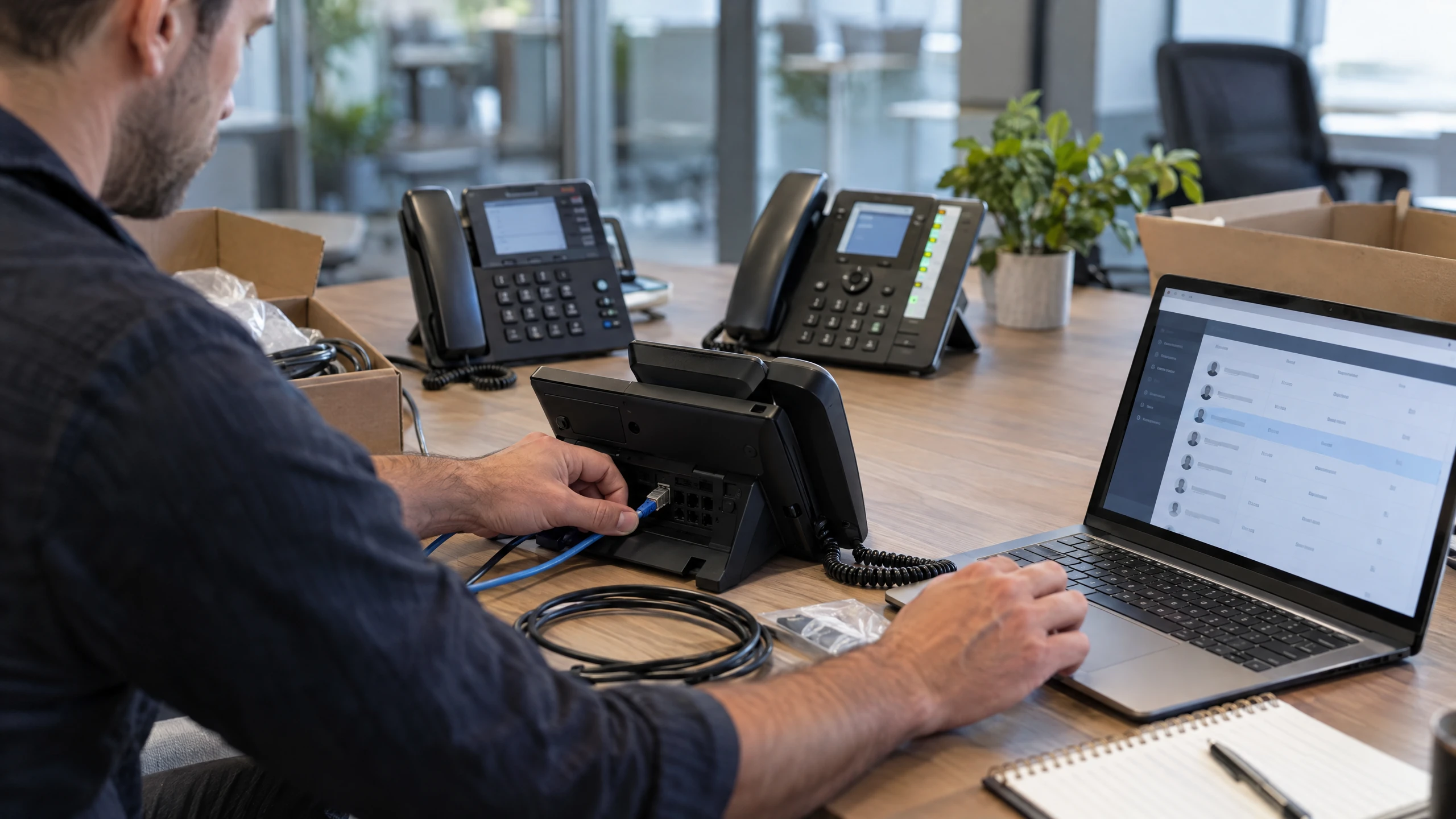 Technician provisioning several unbranded IP desk phones for separate workplace extensions (illustrative)