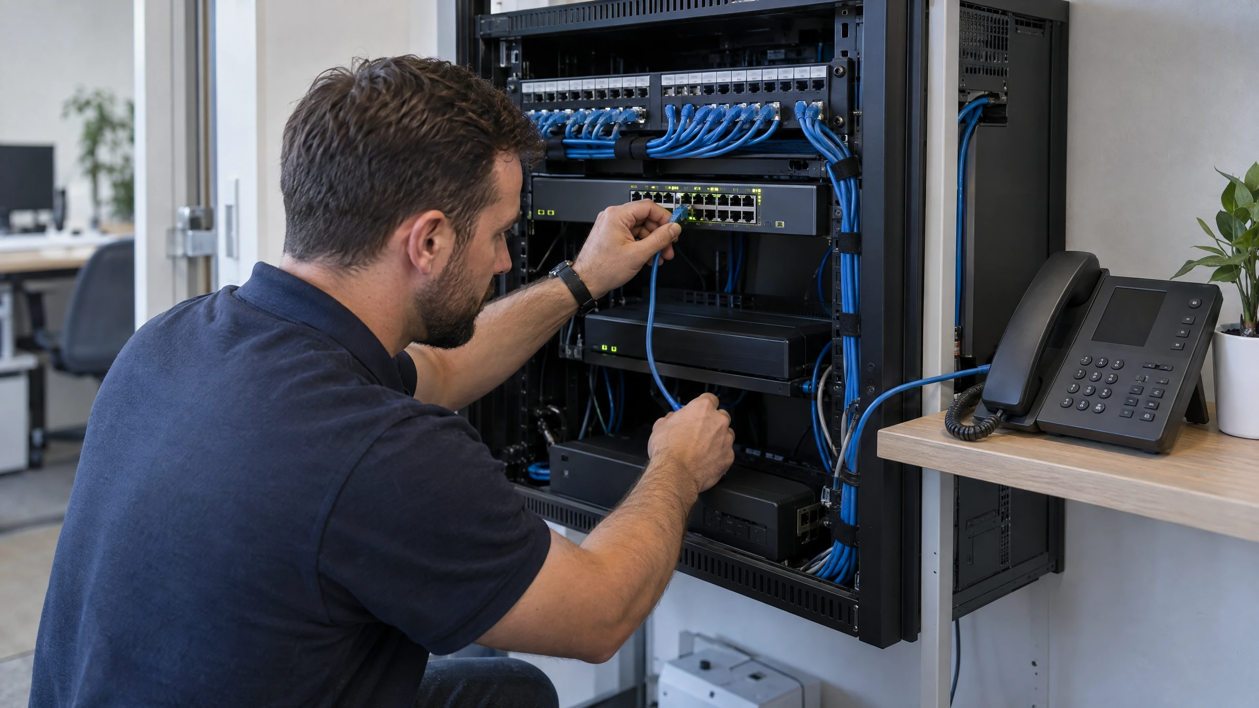Technician tracing an IP phone Ethernet connection through a PoE switch and router (illustrative)
