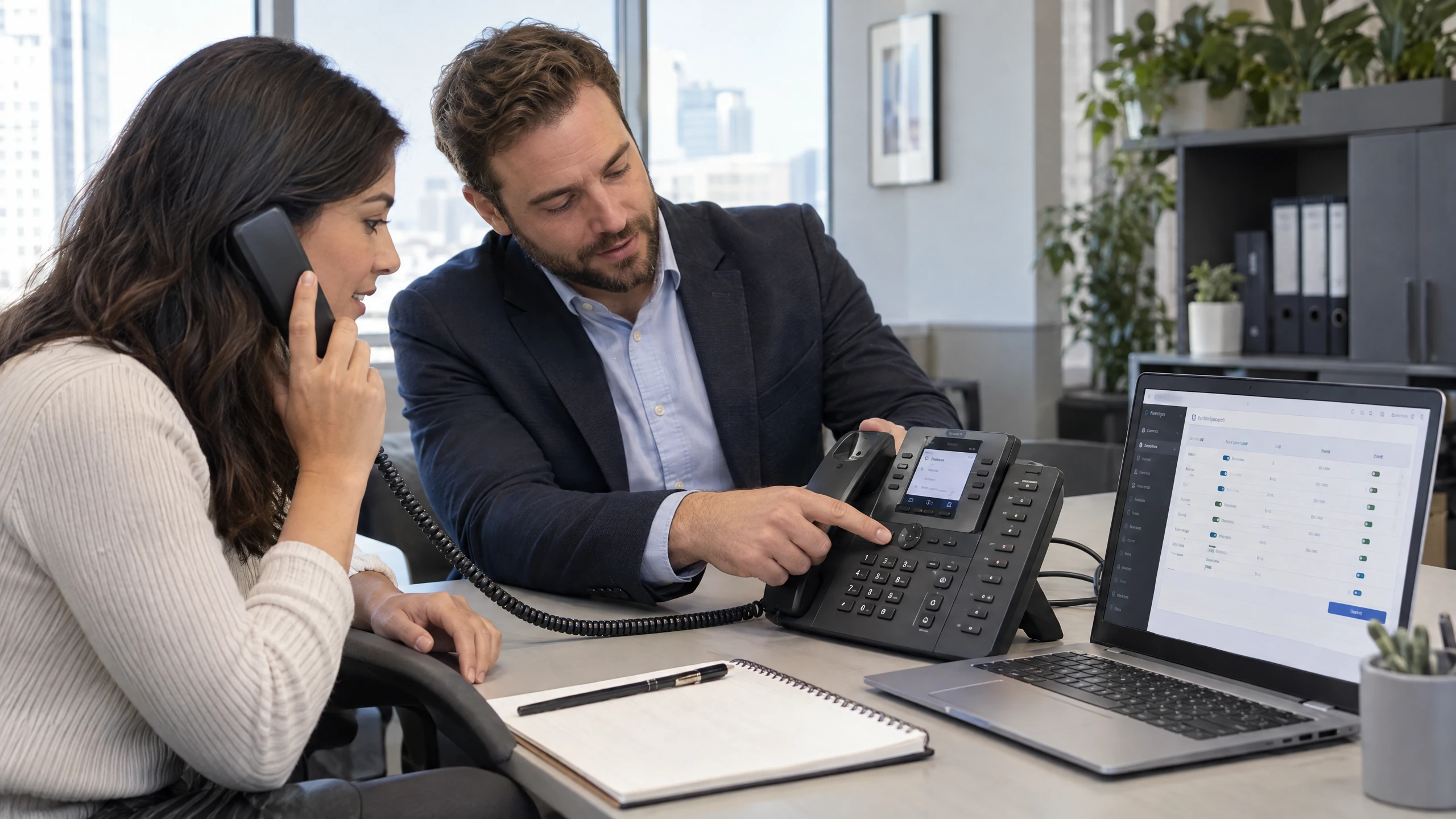 Support specialist teaching an office user how to manage an IP phone and extensions (illustrative)