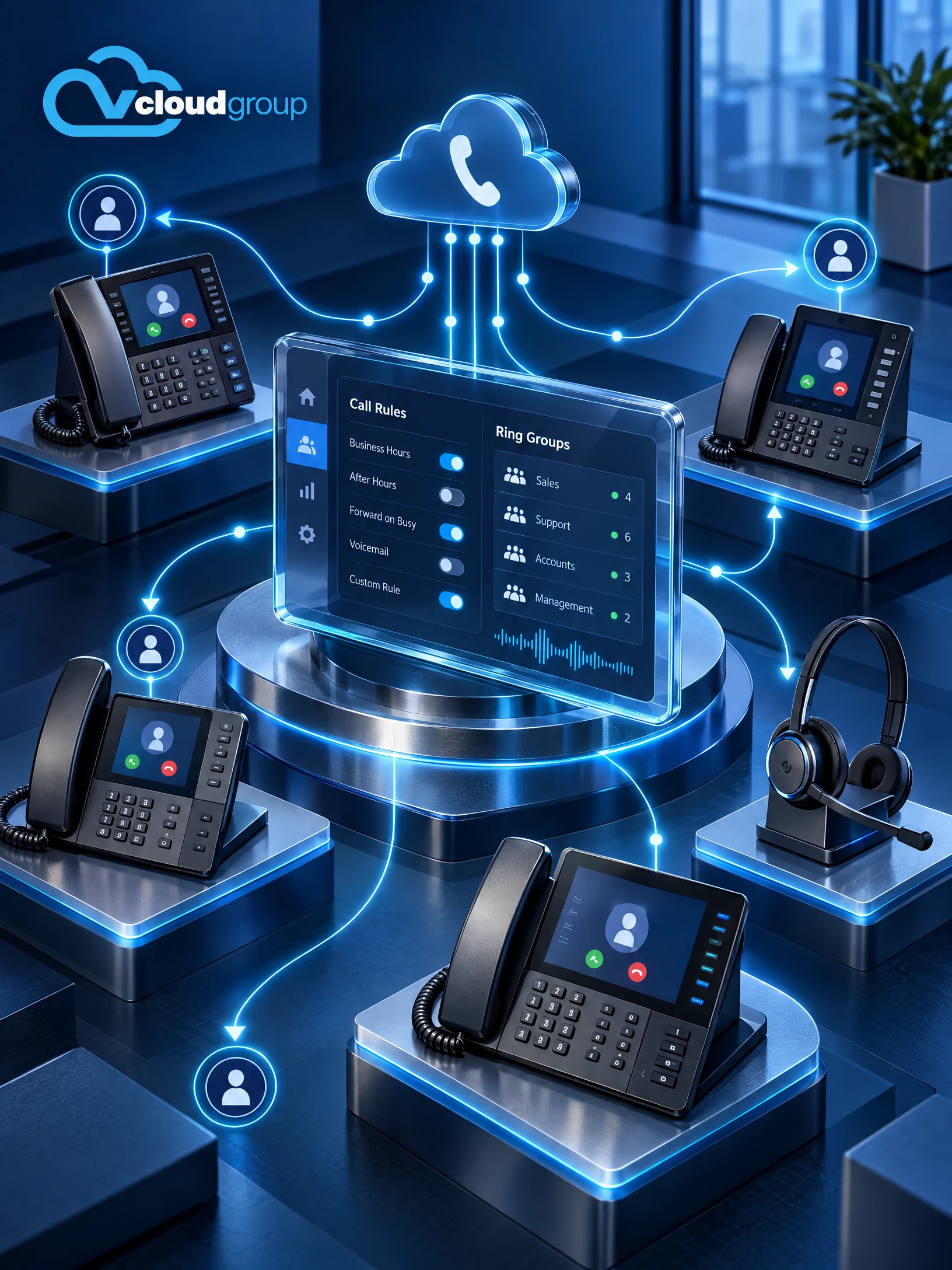 Conceptual portrait illustration of call rules and ring groups for Business Phone Systems