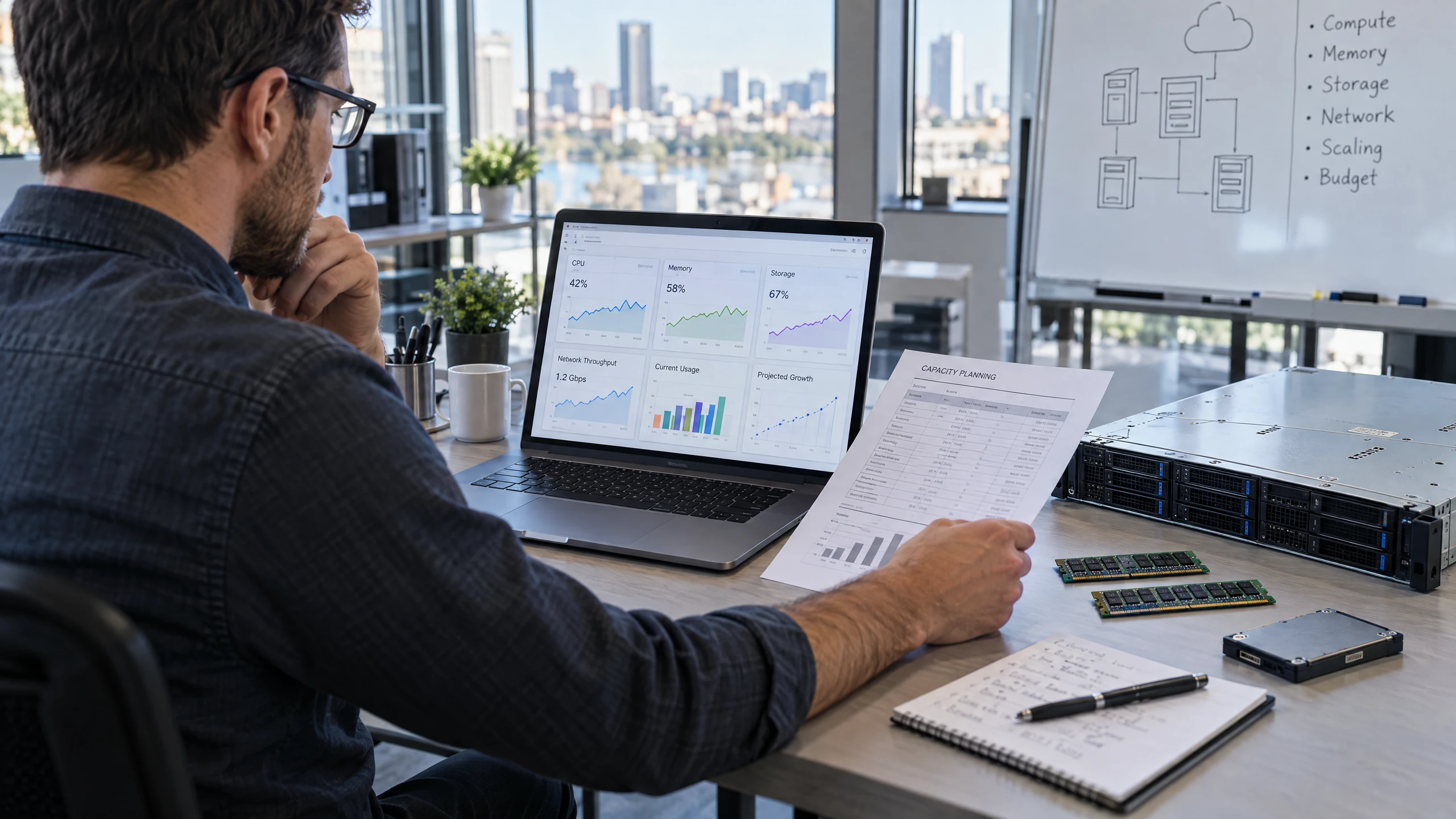 Planner comparing CPU, memory, storage and connectivity capacity on a workload resource dashboard beside server components (illustrative)