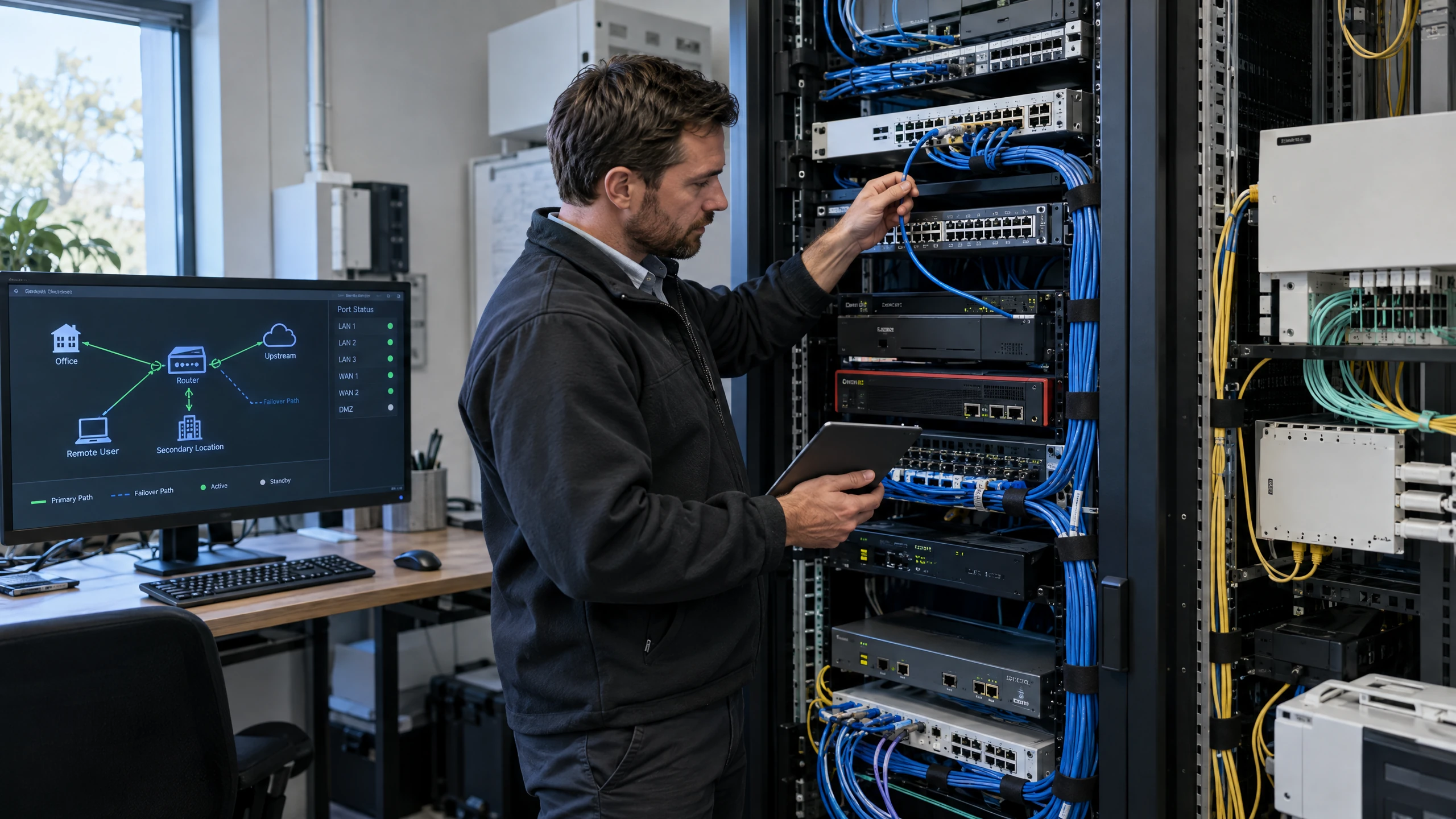 Technician tracing network and internet connections between firewall, switch, router and hosted-workload paths (illustrative)