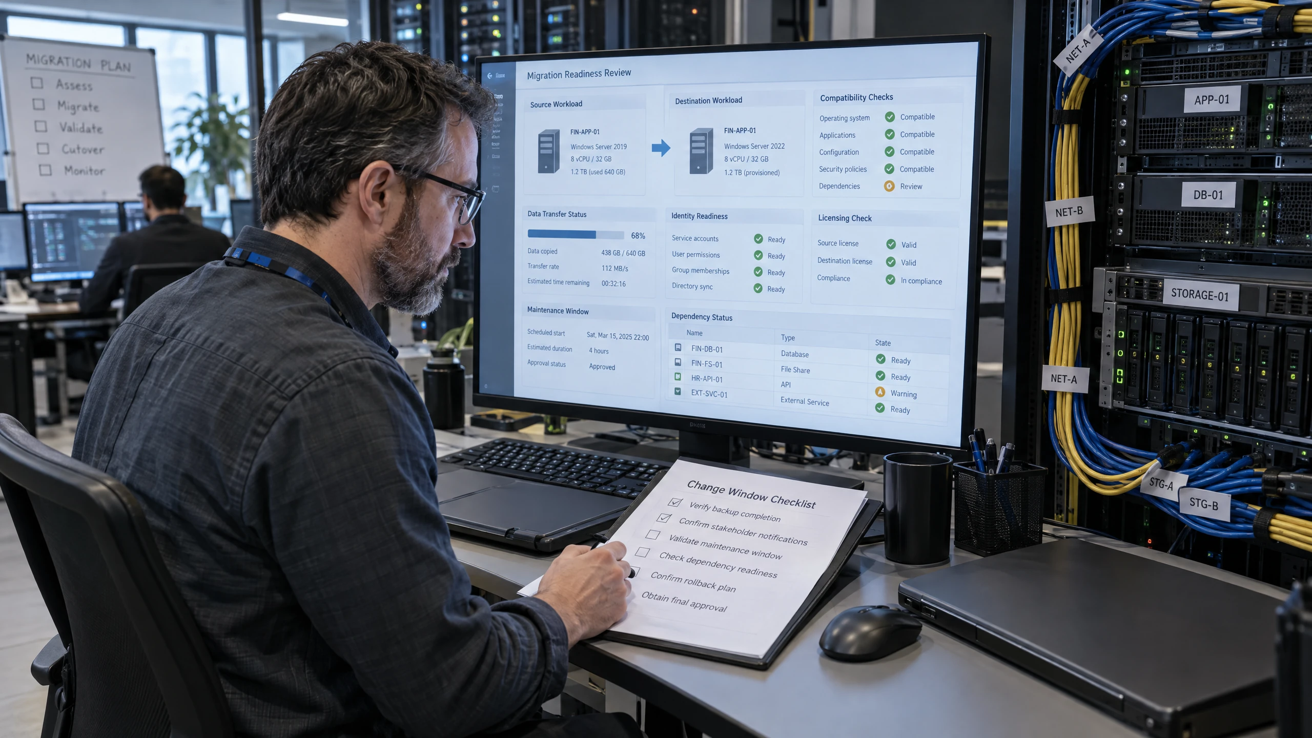 Migration lead checking workload compatibility, data transfer, identity, licensing and maintenance dependencies on an operations screen (illustrative)