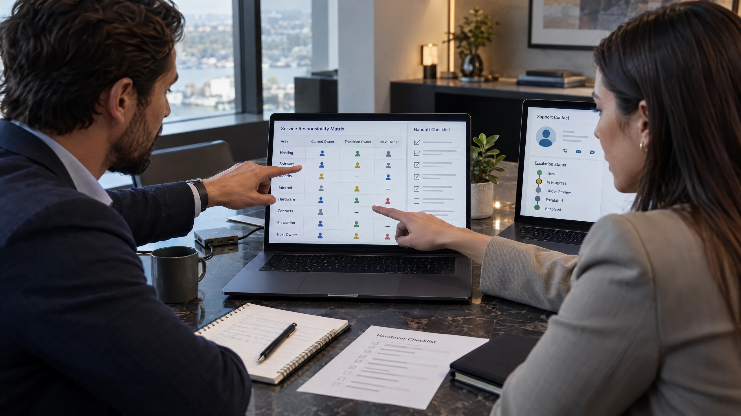 Service coordinator reviewing hosting, software, identity, internet and hardware ownership in a provider handover checklist (illustrative)
