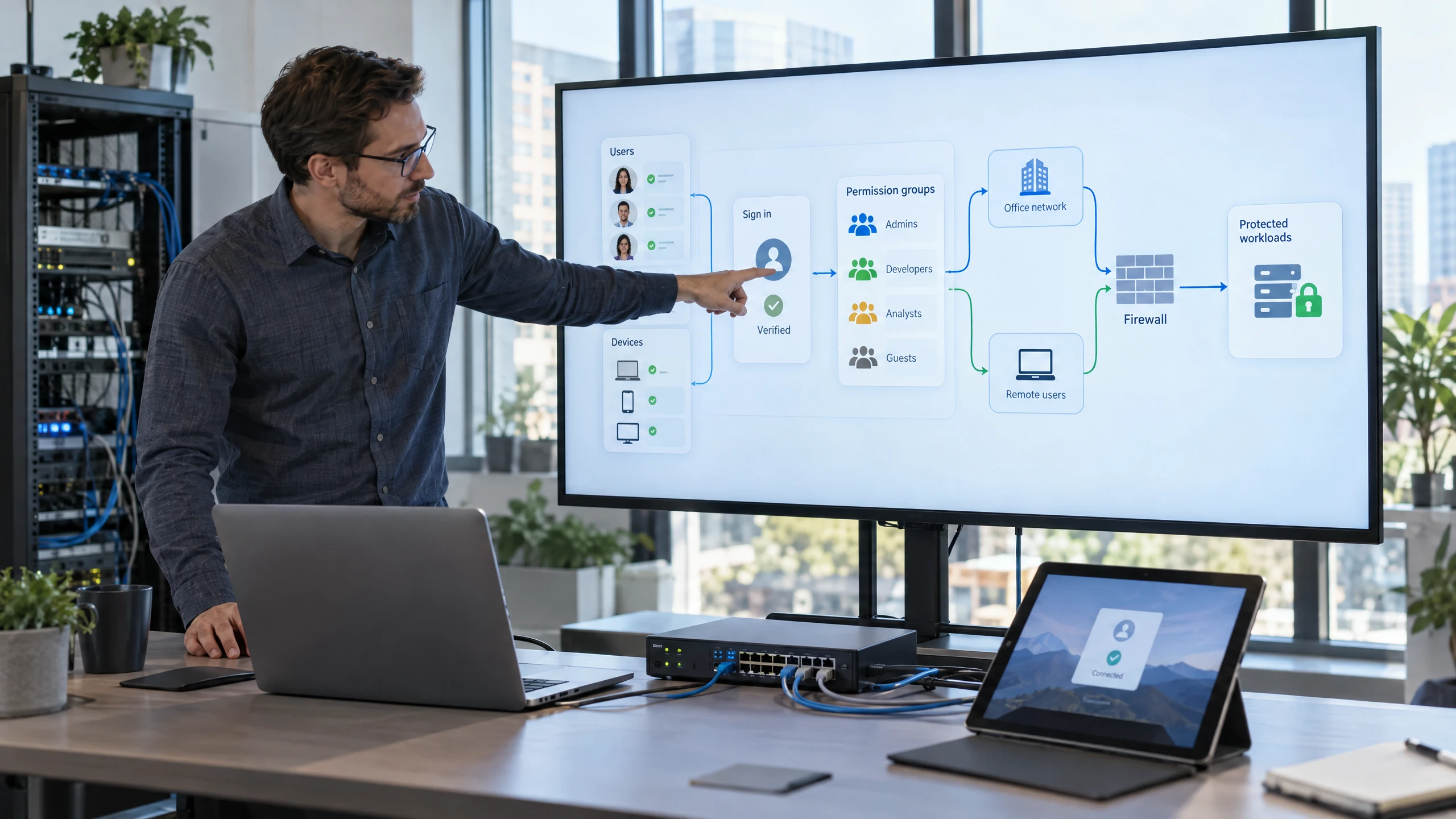 Network architect reviewing user, device and permission paths to a protected hosted workload (illustrative)