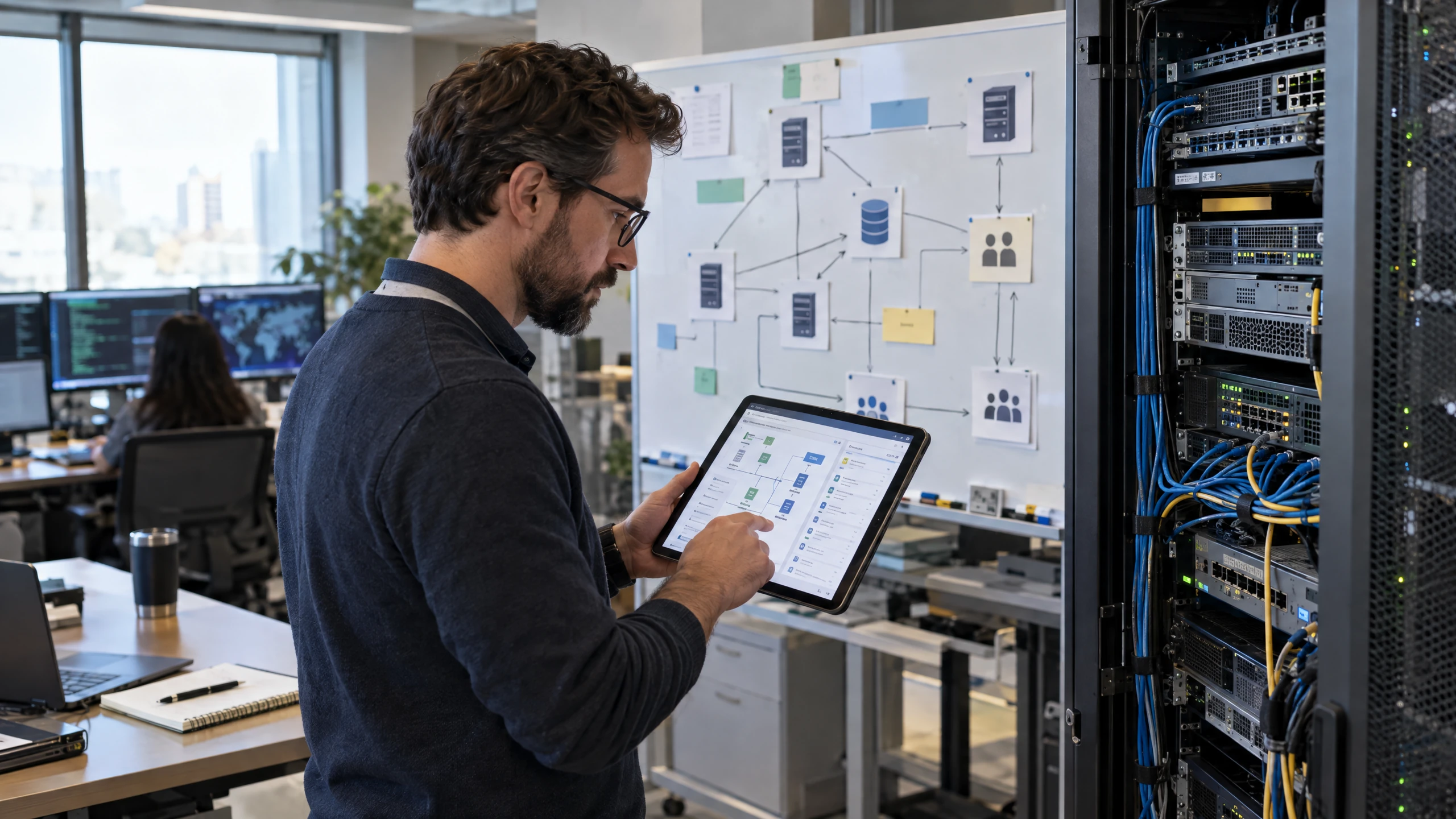 Cloud architect mapping applications, virtual servers, users and dependencies beside a real server rack (illustrative)