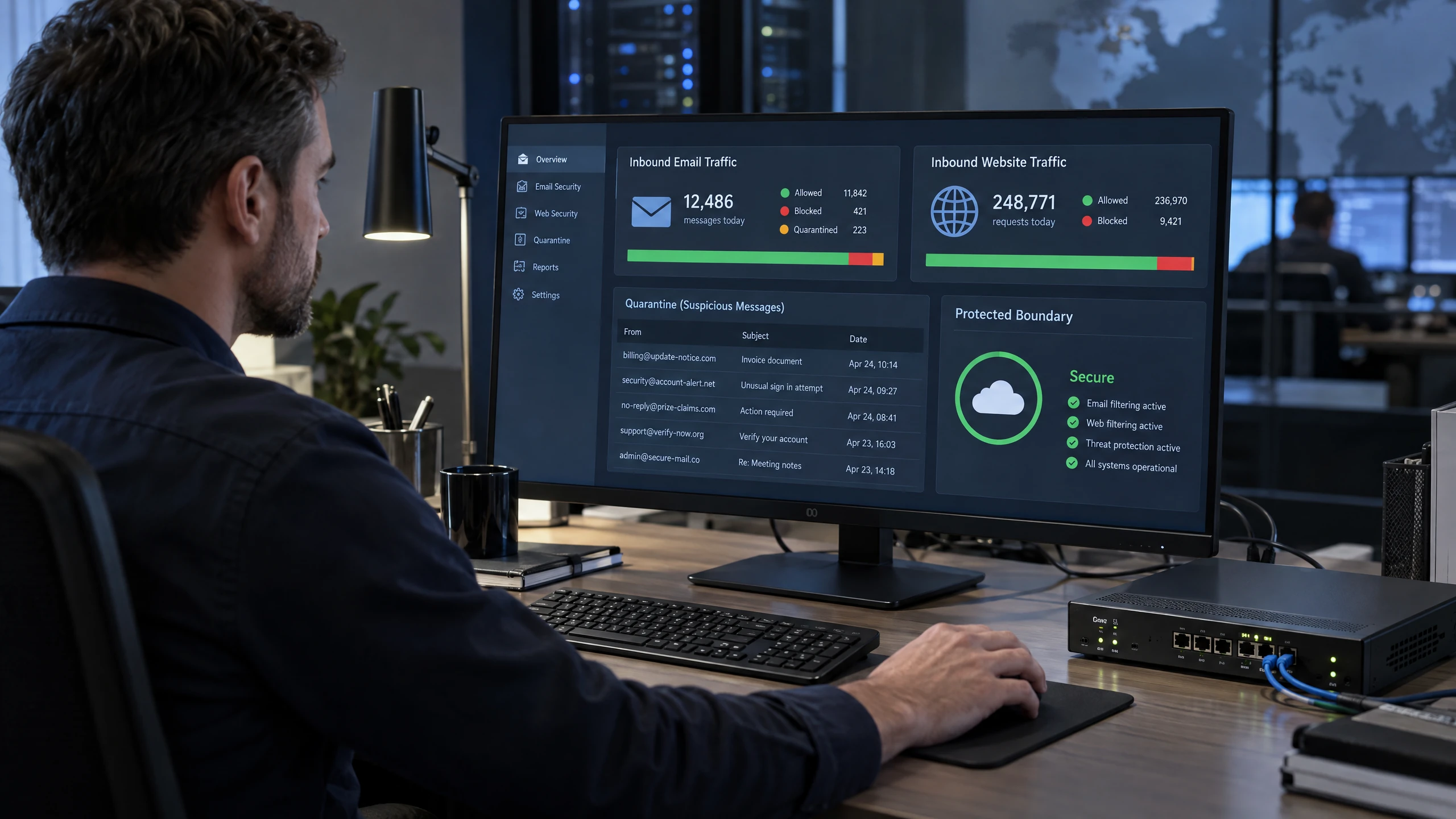 Security analyst reviewing email and website traffic decisions and quarantined messages on a cloud gateway console beside a firewall appliance (illustrative)