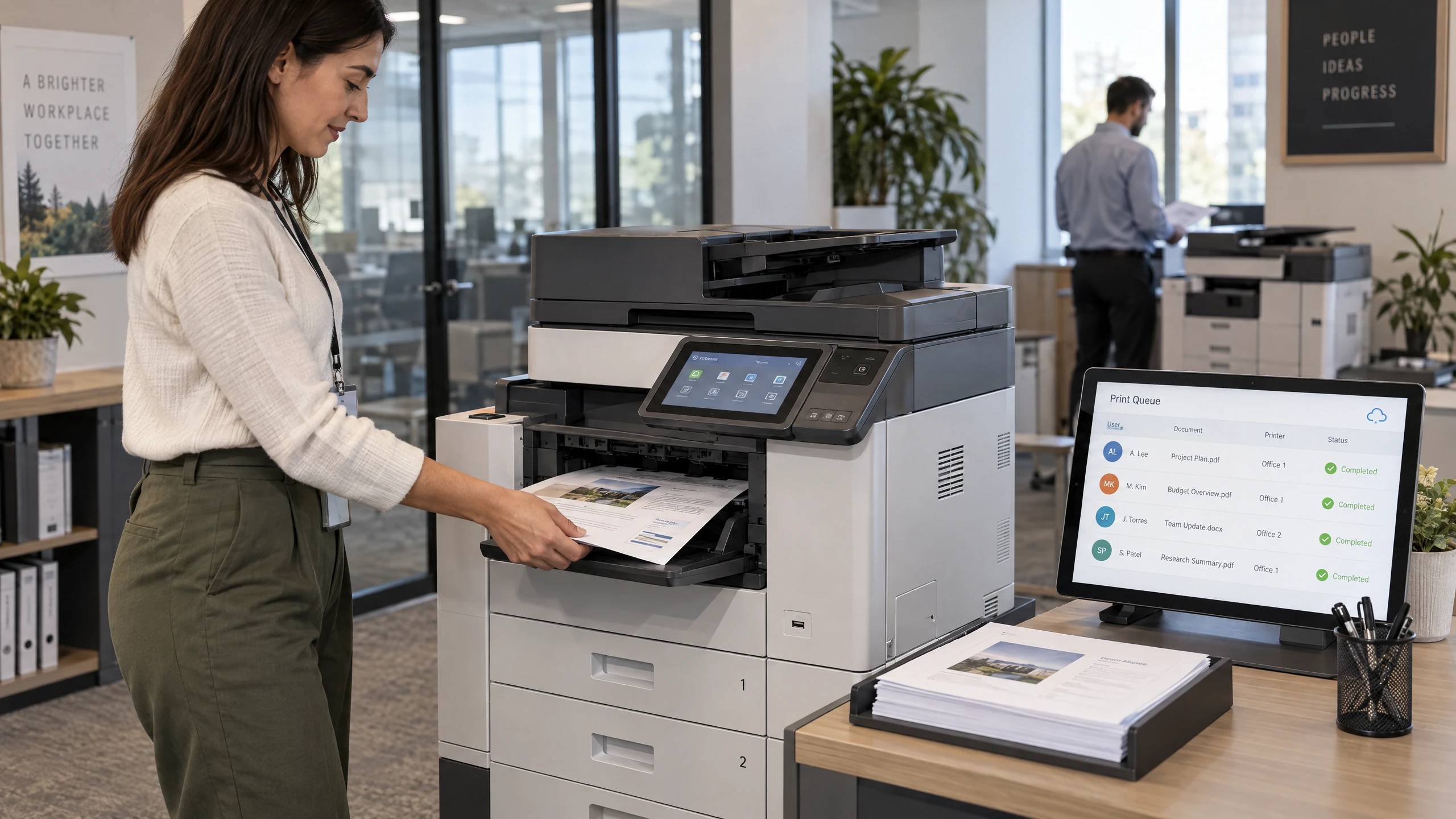 Staff member collecting a page from a multifunction printer beside a cloud print queue showing users and destination printers (illustrative)