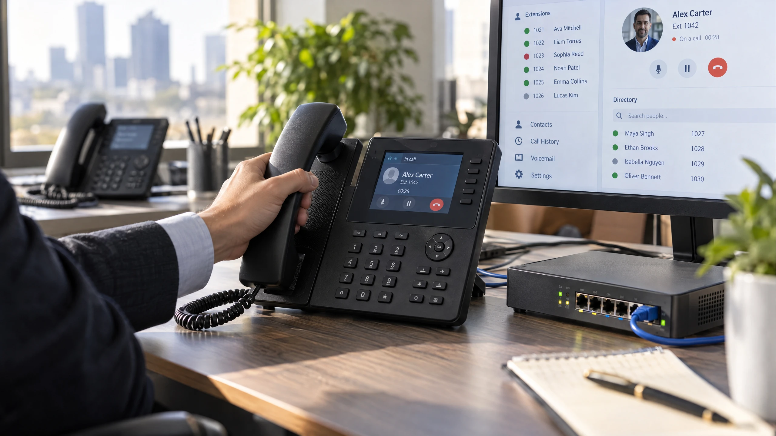 Professional answering an IP desk phone beside a cloud voice gateway and extension directory screen (illustrative)