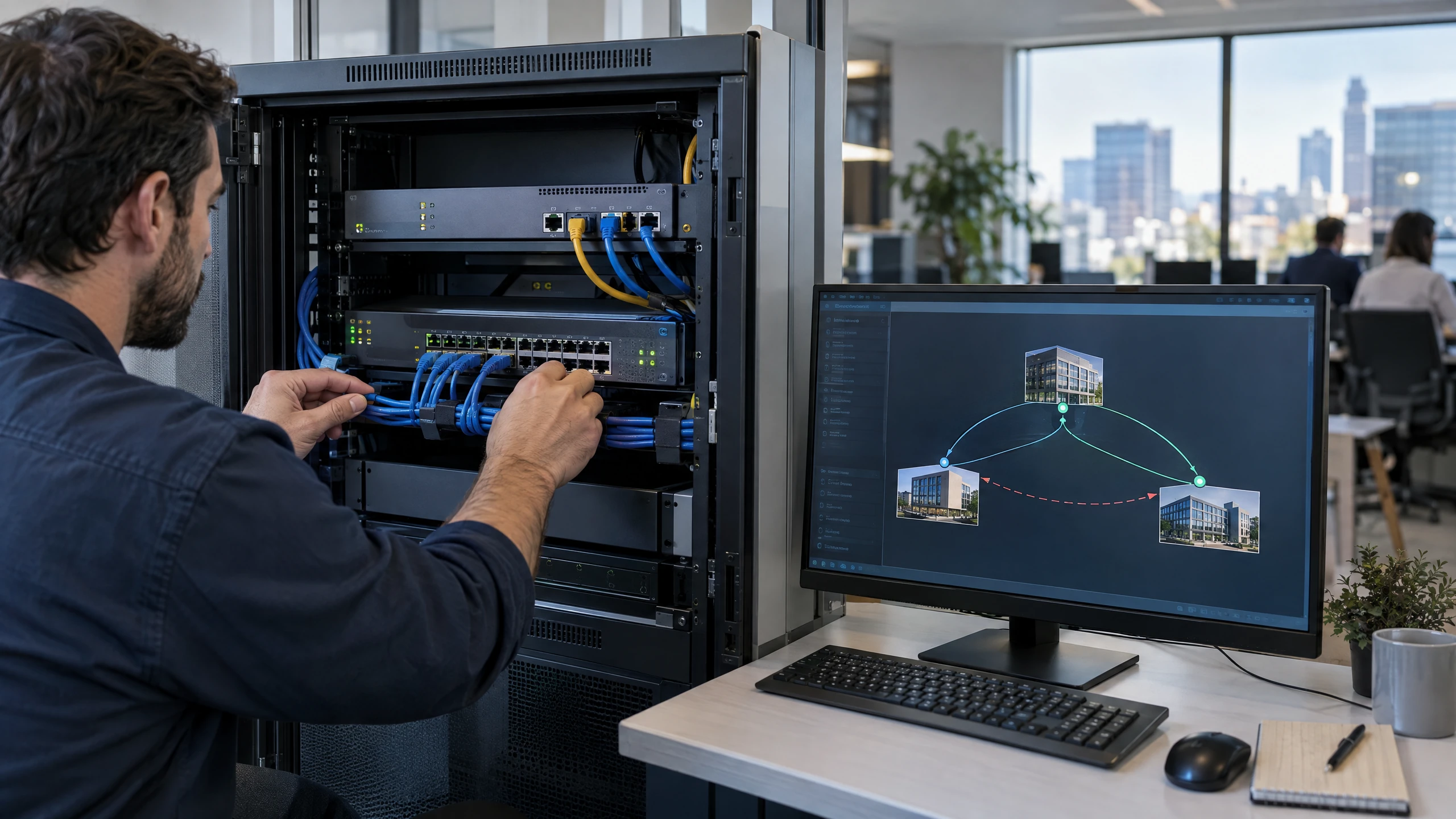 Network engineer connecting an edge router and switch while a screen shows three linked sites with dual internet paths and standby fail-over (illustrative)