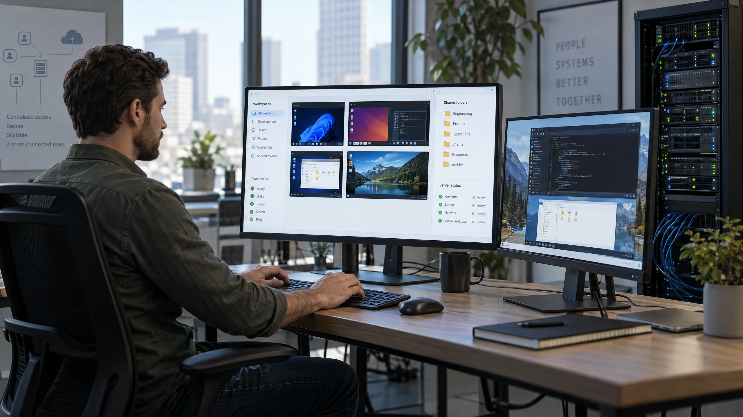 Cloud specialist reviewing a central virtual workspace with multiple virtual desktops and shared applications on monitors beside a compact server appliance (illustrative)