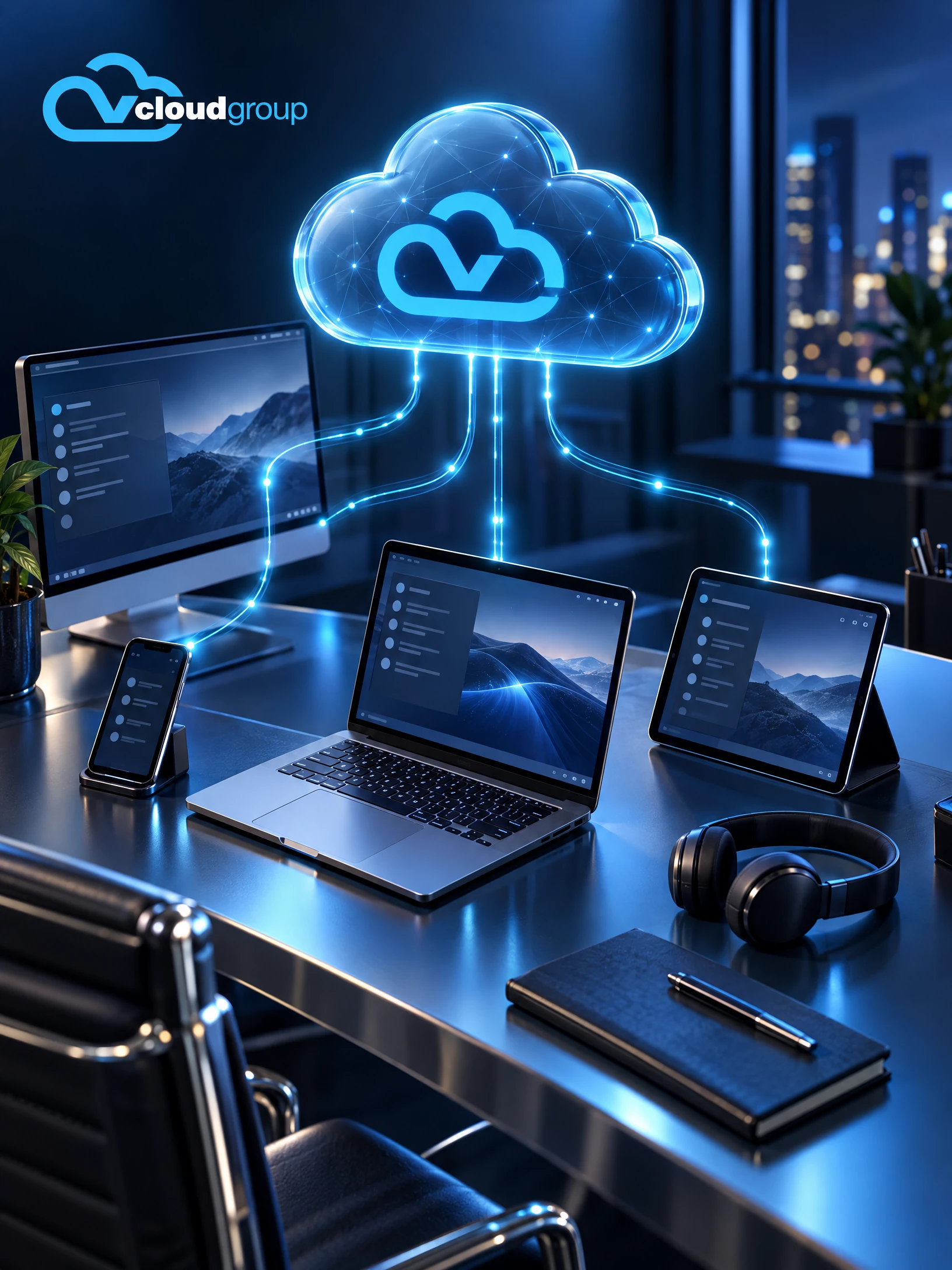 Conceptual portrait illustration of virtual network workspace for Cloud solutions