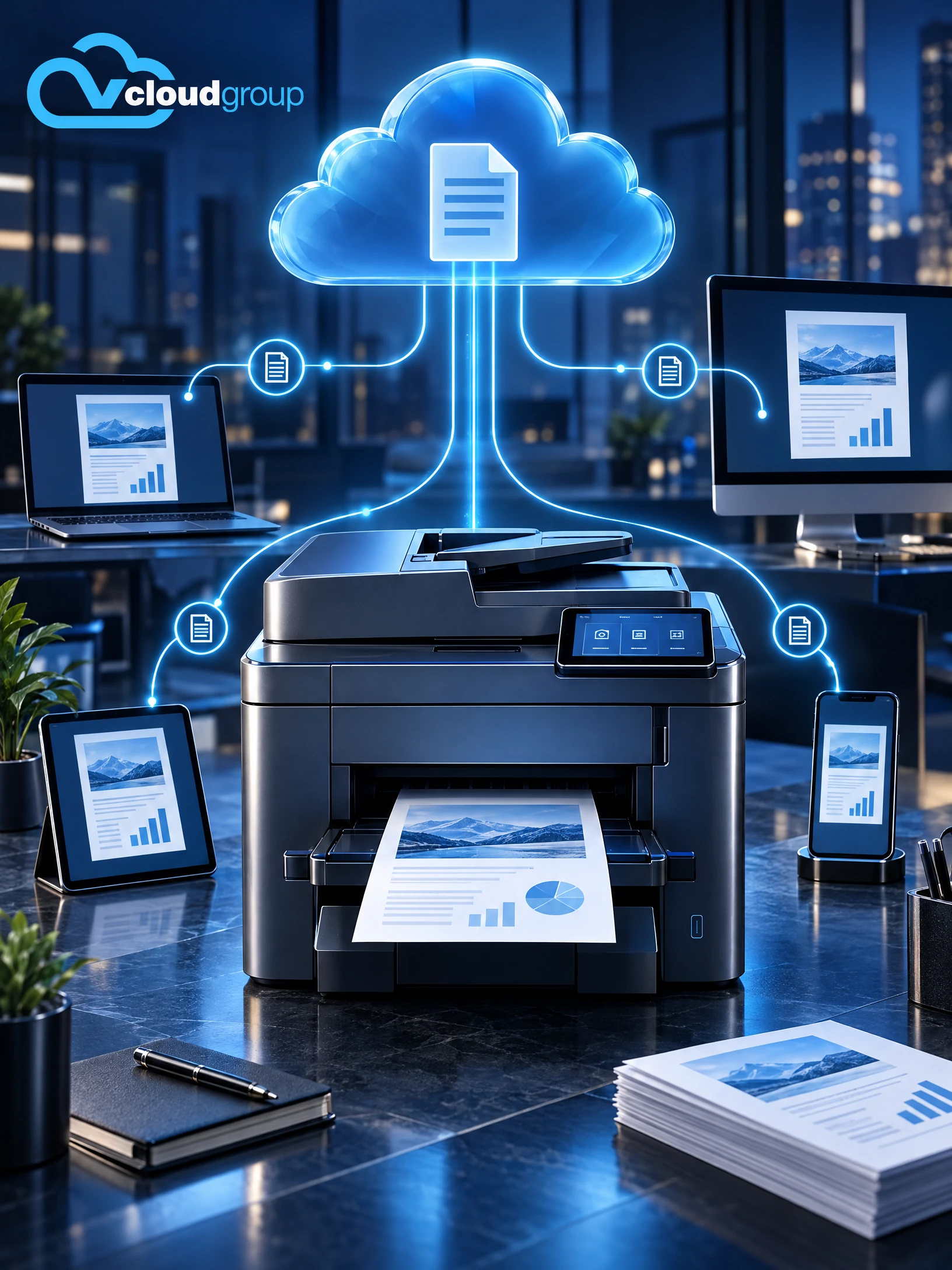 Conceptual portrait illustration of cloud printing for Cloud solutions