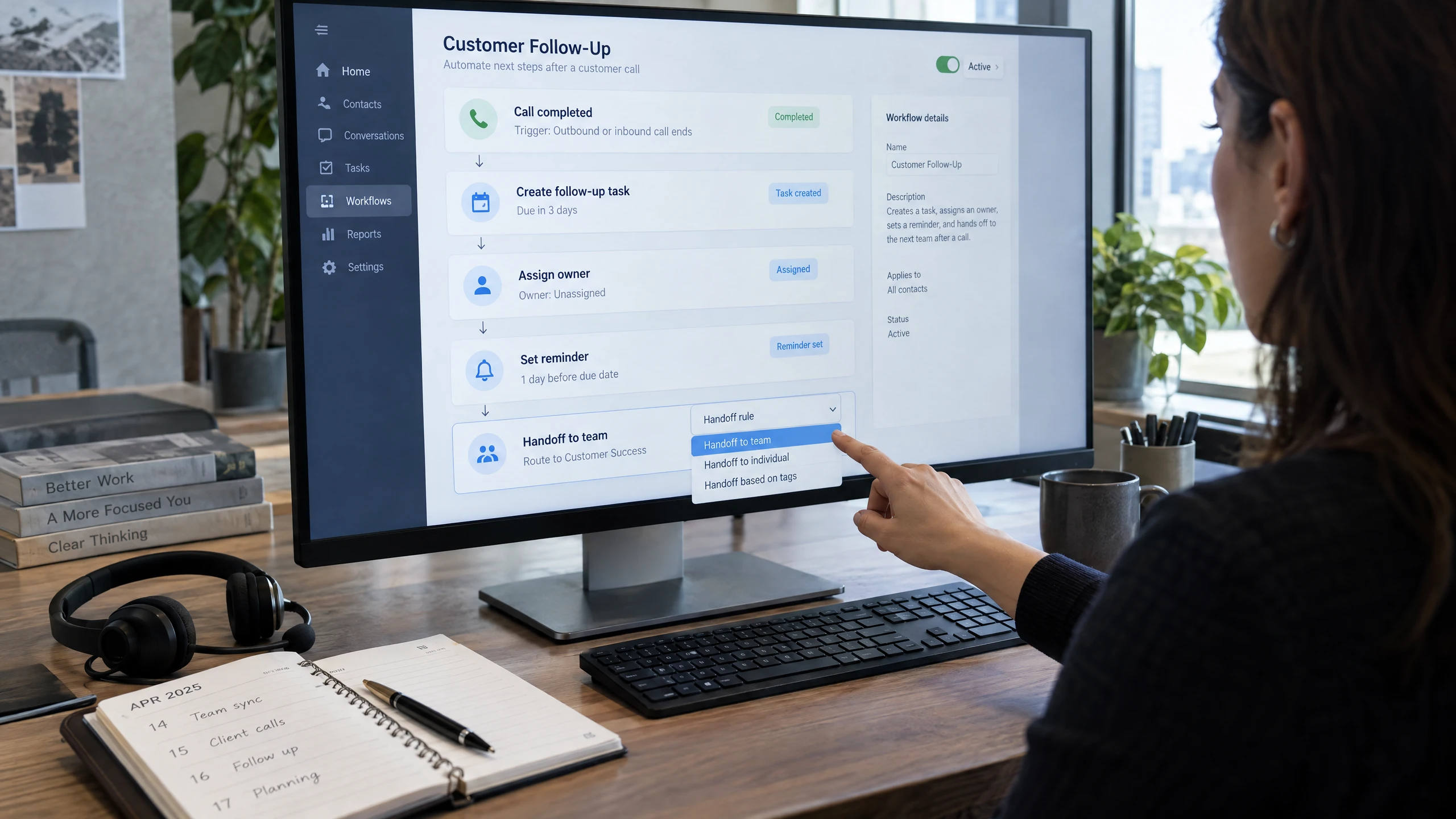 Operations coordinator configuring assigned CRM tasks, reminders and a customer follow-up handoff (illustrative)