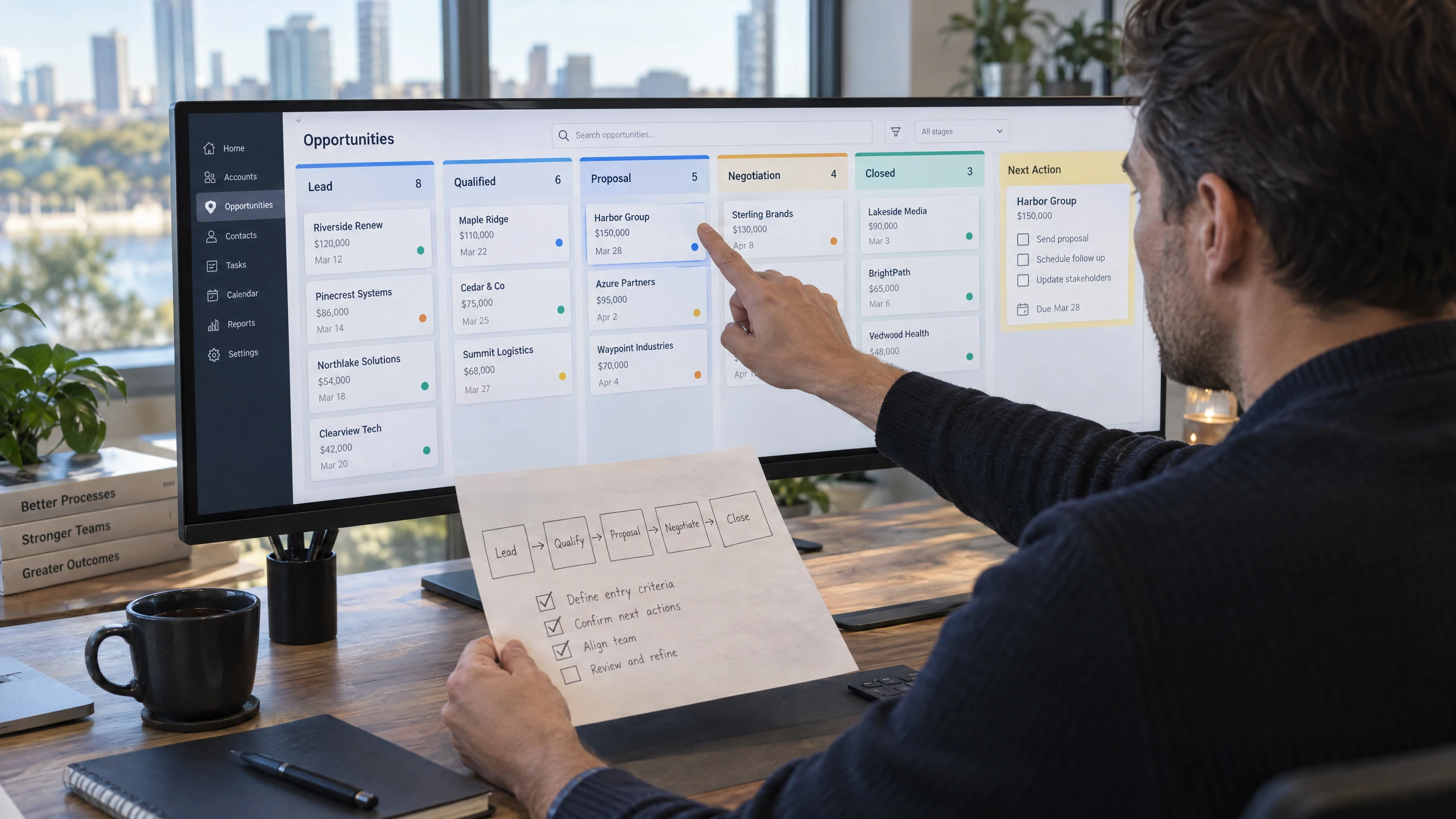 Process lead reviewing distinct CRM opportunity stages and moving a work card through a pipeline board (illustrative)