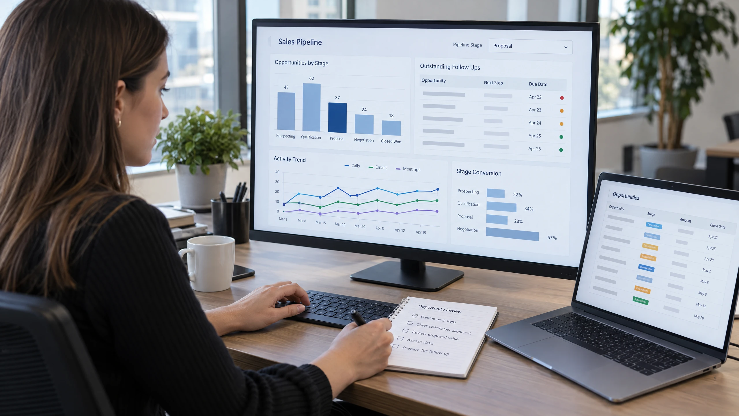 Operations analyst using a CRM dashboard to review stage distribution and outstanding follow-ups (illustrative)