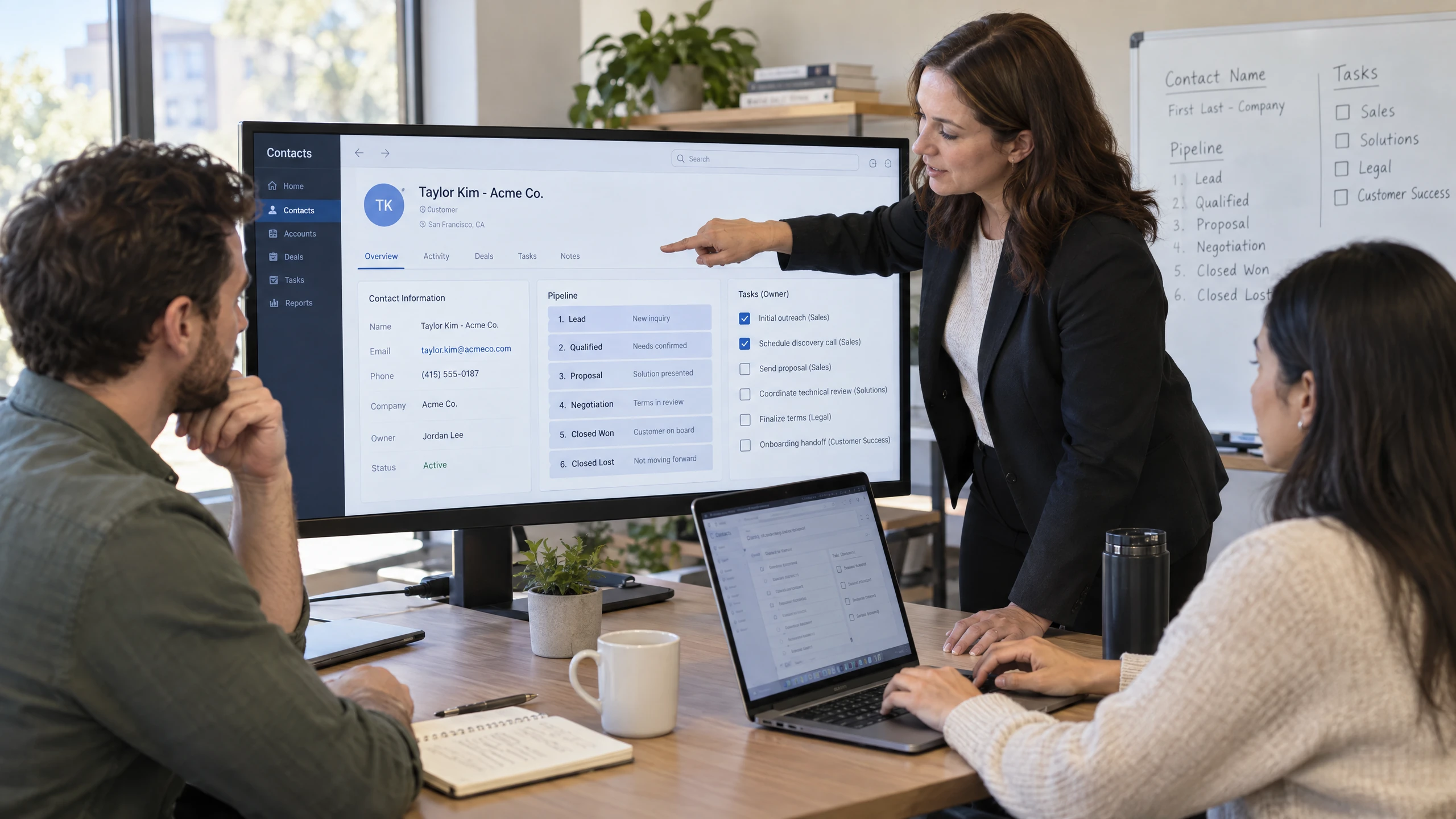 CRM trainer guiding colleagues through naming rules, stage definitions and task ownership in a shared workflow (illustrative)