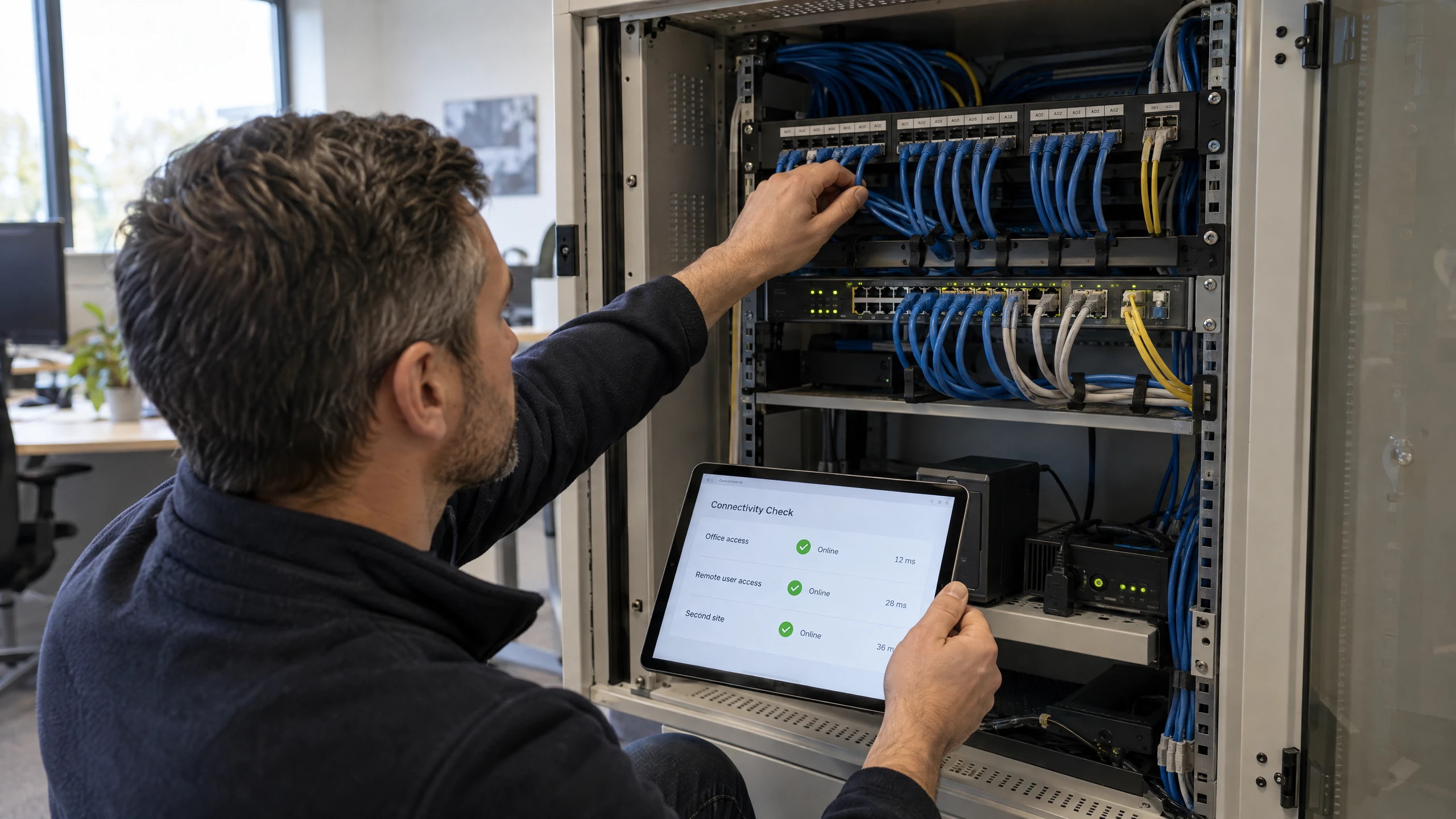 Technician tracing Ethernet connections while checking office, remote, and multi-site access statuses on a generic tablet interface (illustrative)