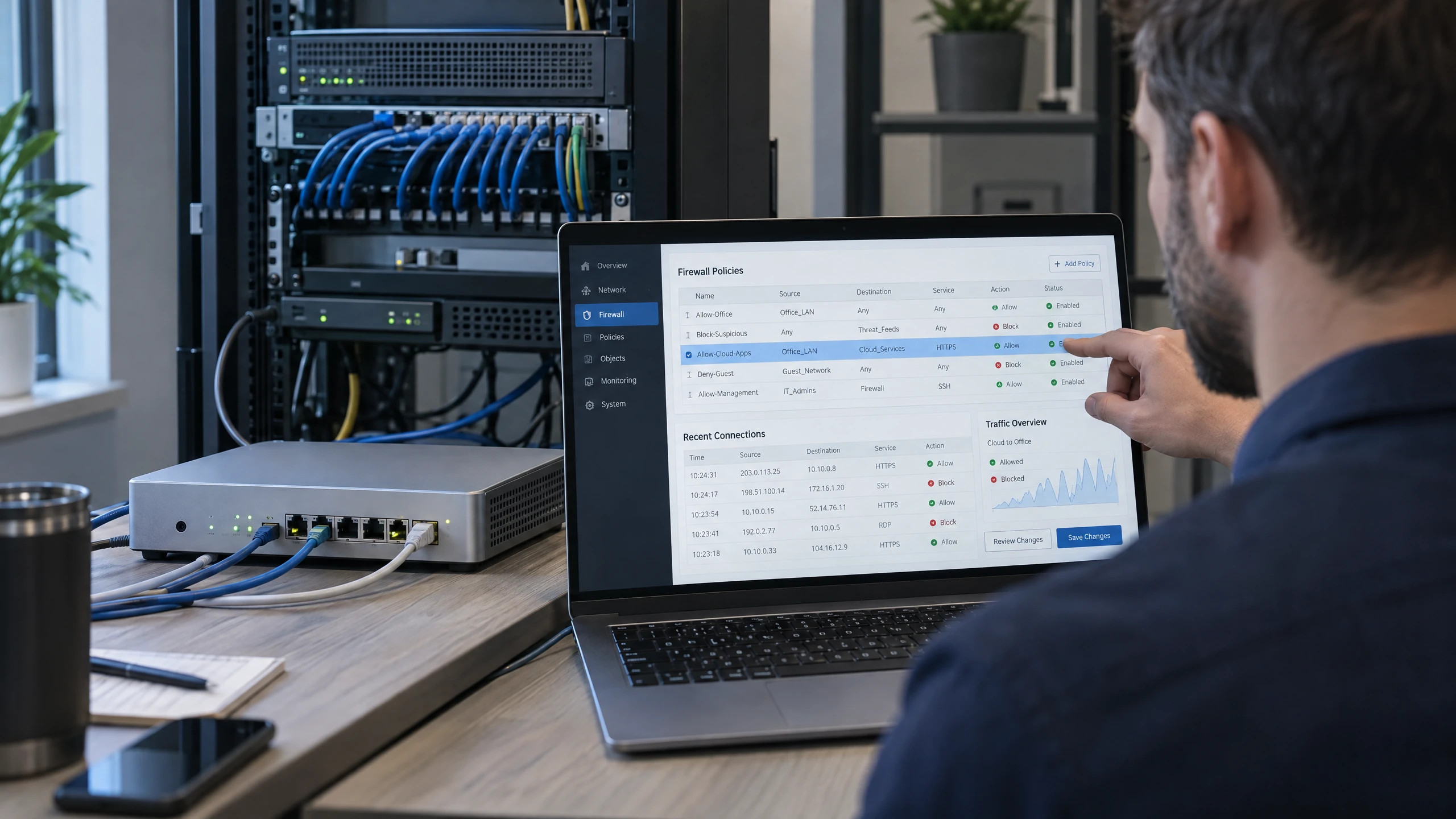 Network engineer reviewing firewall policies and cloud-to-office connection status beside an unbranded edge appliance (illustrative)