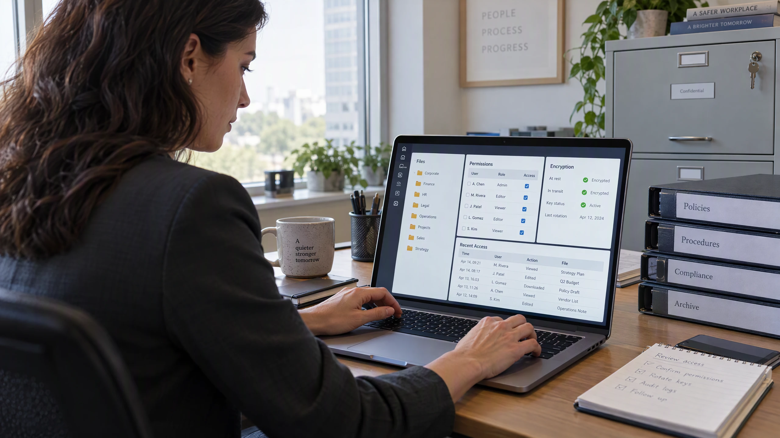 Data administrator checking file permissions, encryption status, and access history for sensitive business information (illustrative)