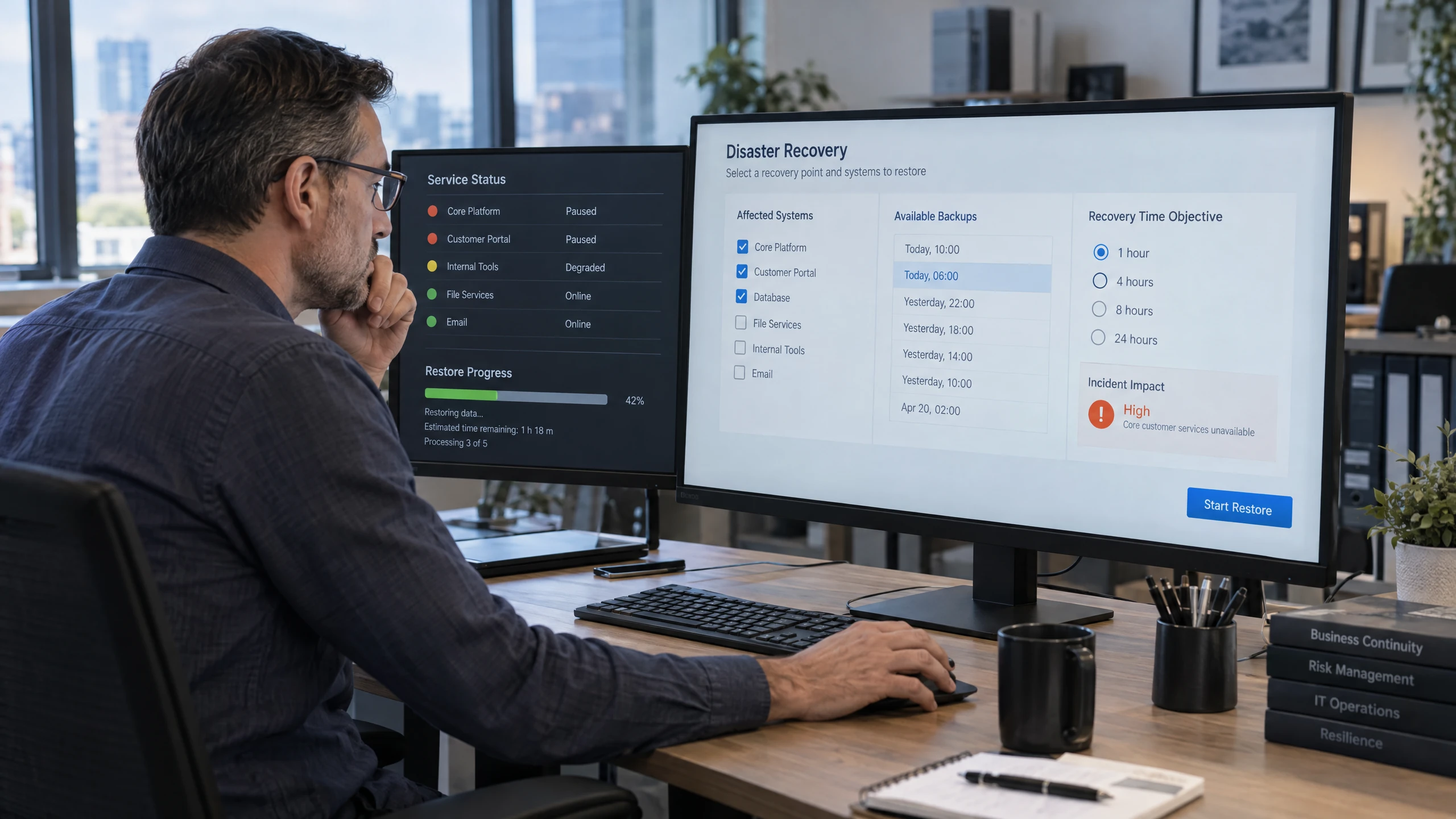 Operations lead selecting backup recovery points and affected systems while aligning security with business continuity (illustrative)