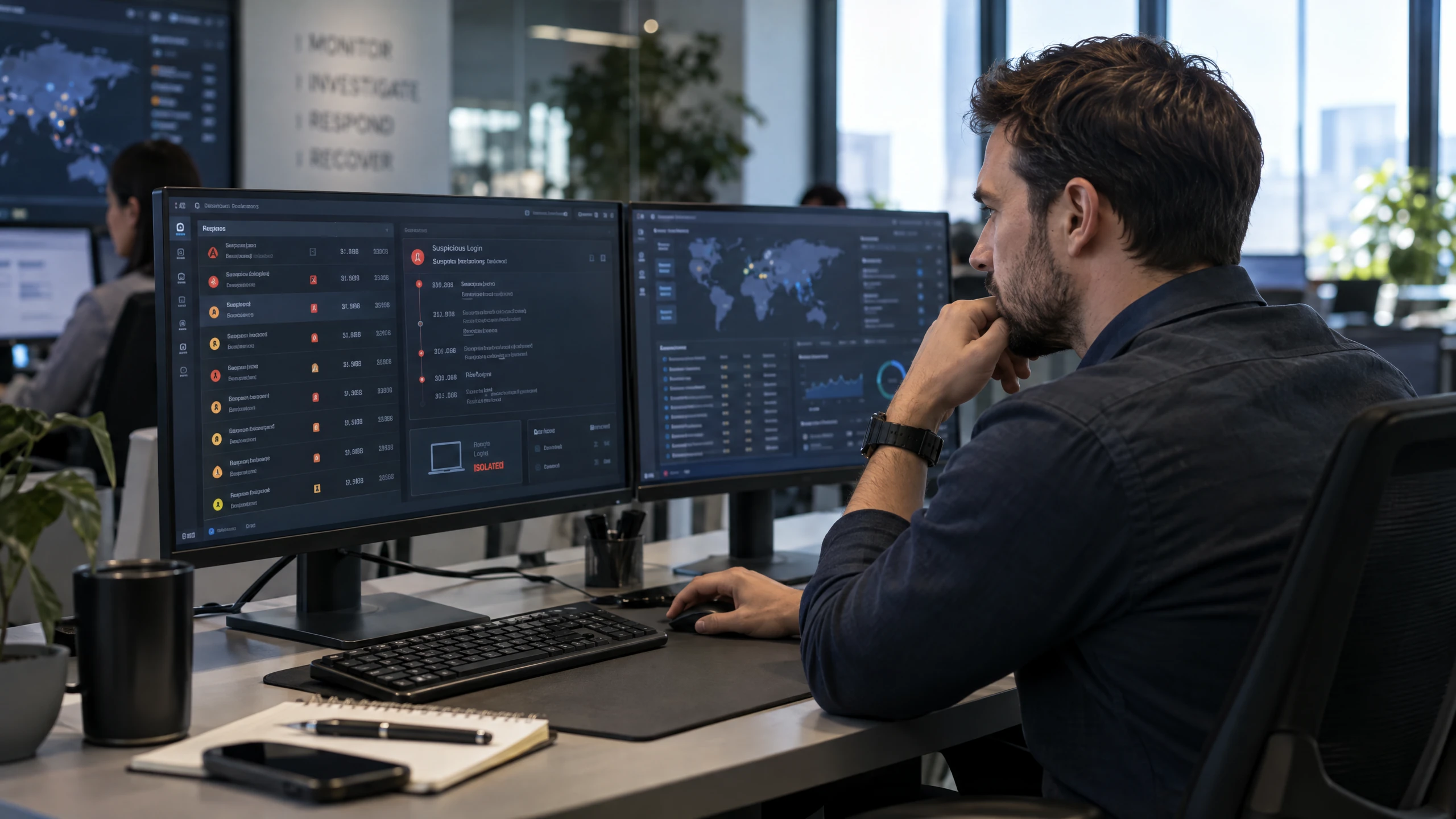Cybersecurity analyst reviewing endpoint alerts and isolating a suspicious device on an unbranded monitoring workstation (illustrative)
