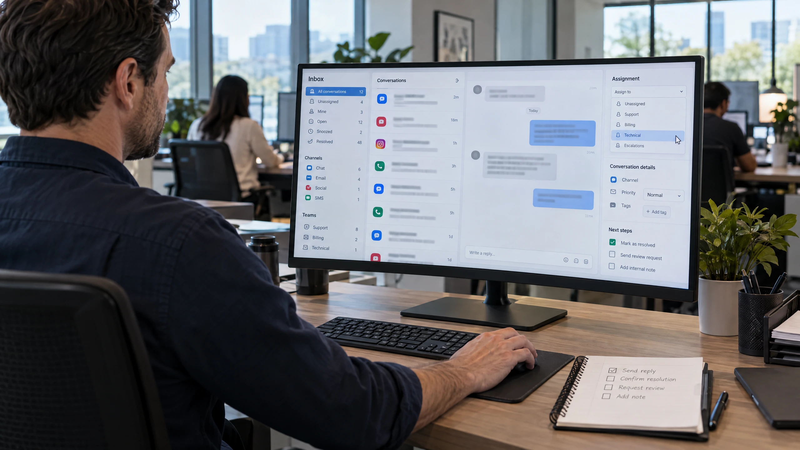 Service manager routing customer conversations in a shared inbox while preparing a neutral review request (illustrative)