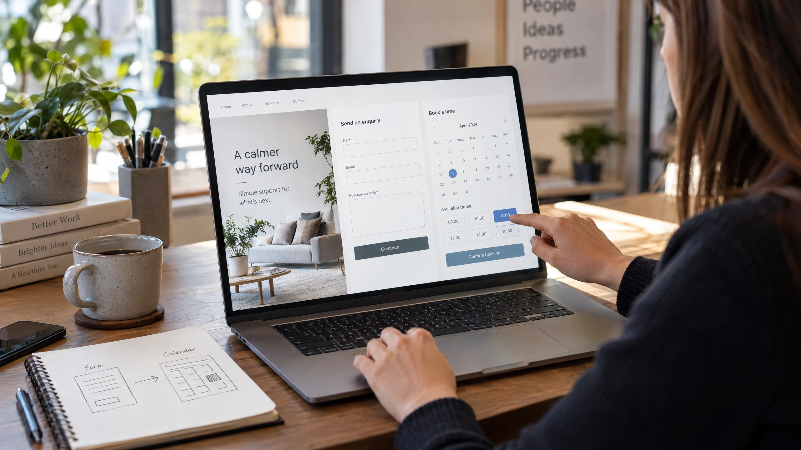 Digital-experience specialist testing an enquiry form that connects to an appointment calendar on a laptop (illustrative)