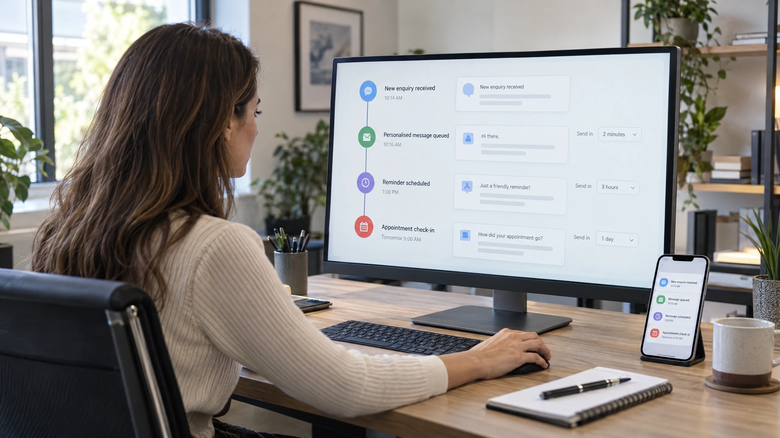 Customer-success coordinator checking a timed enquiry follow-up sequence on a monitor beside a phone notification (illustrative)