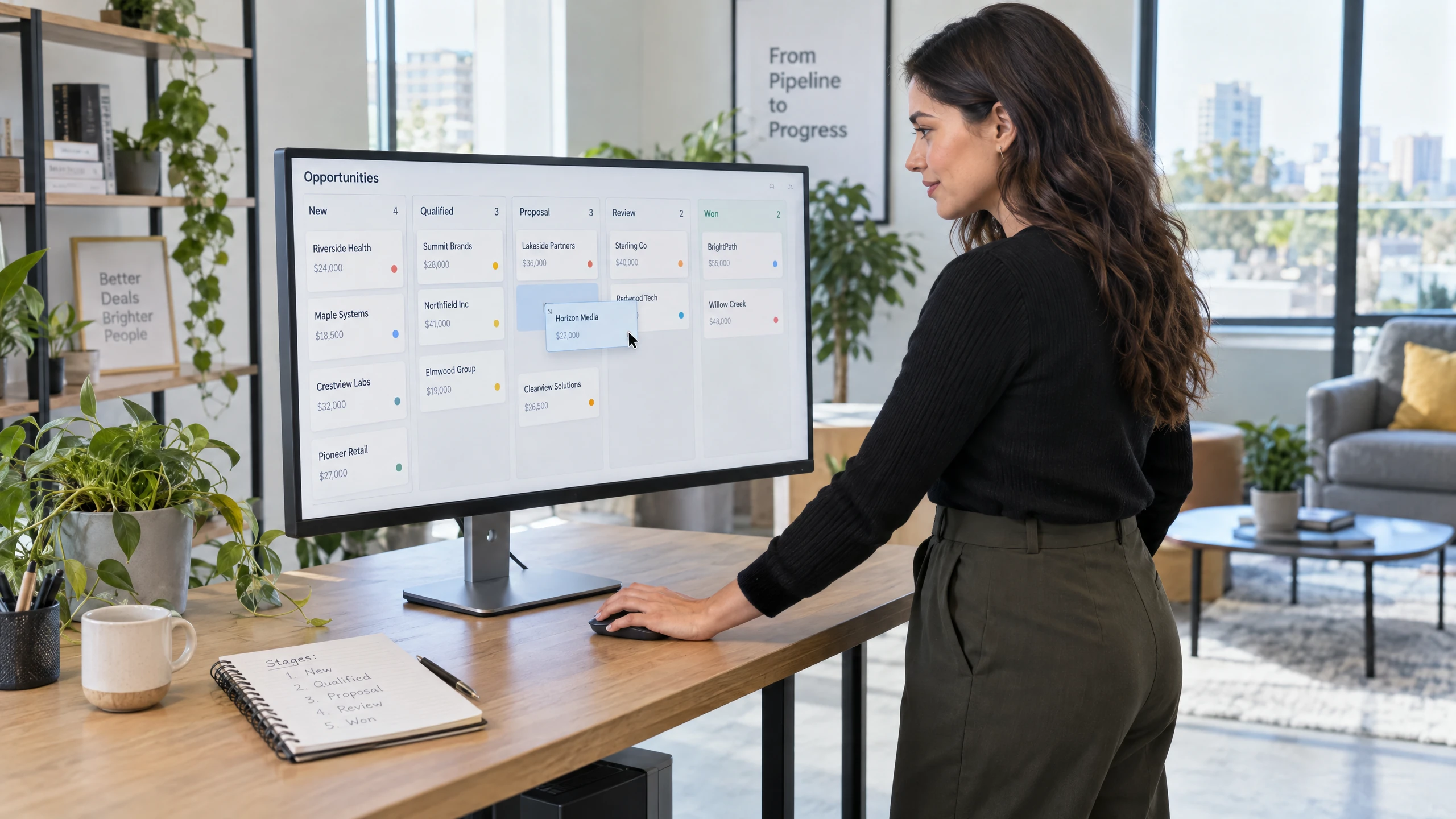 Revenue coordinator arranging opportunity cards across visible sales pipeline stages on a monitor (illustrative)